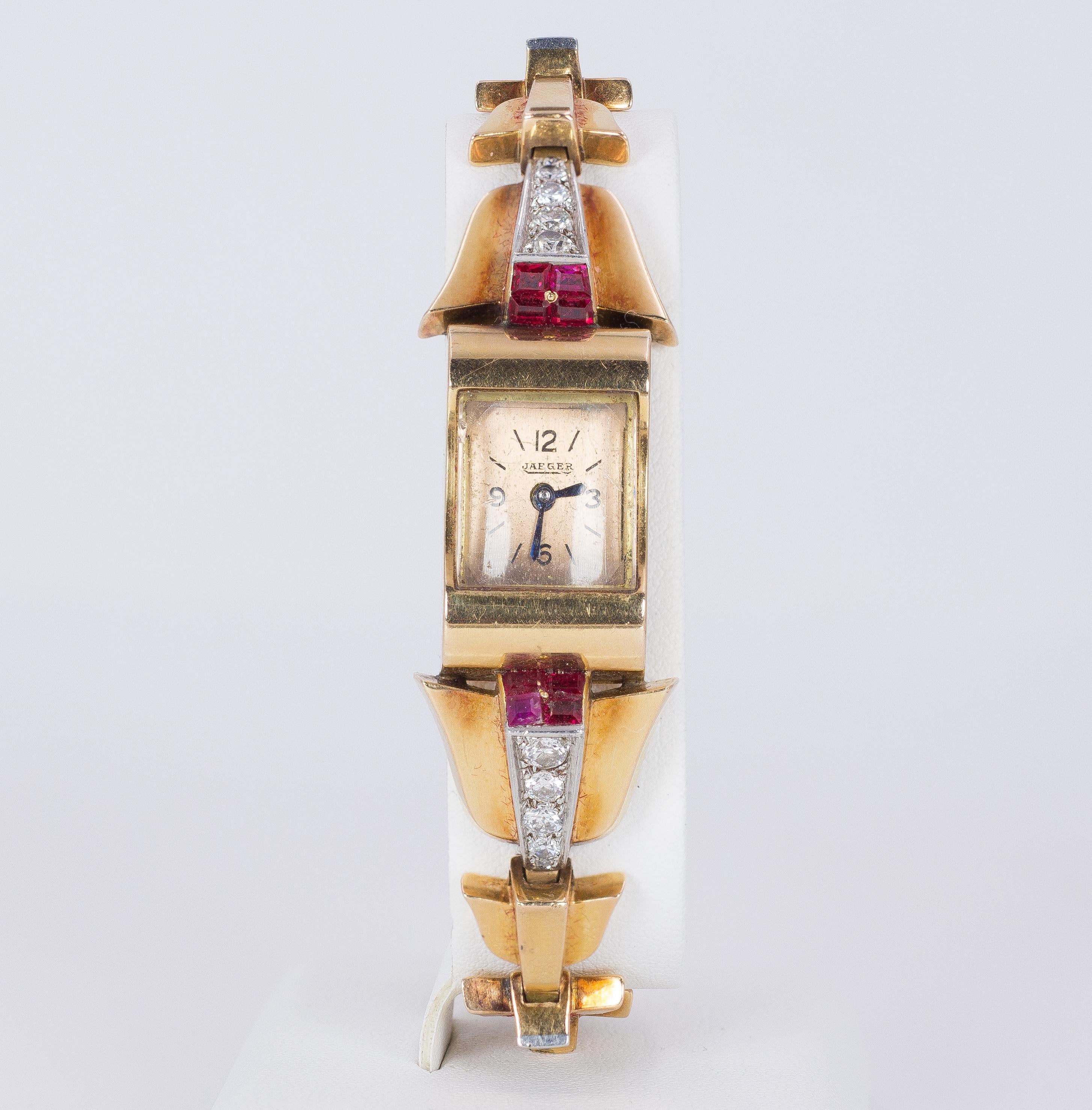 Old European Cut Art Deco 18 Karat Gold, Diamond and Ruby Lady Jaeger Wristwatch, 1930s For Sale