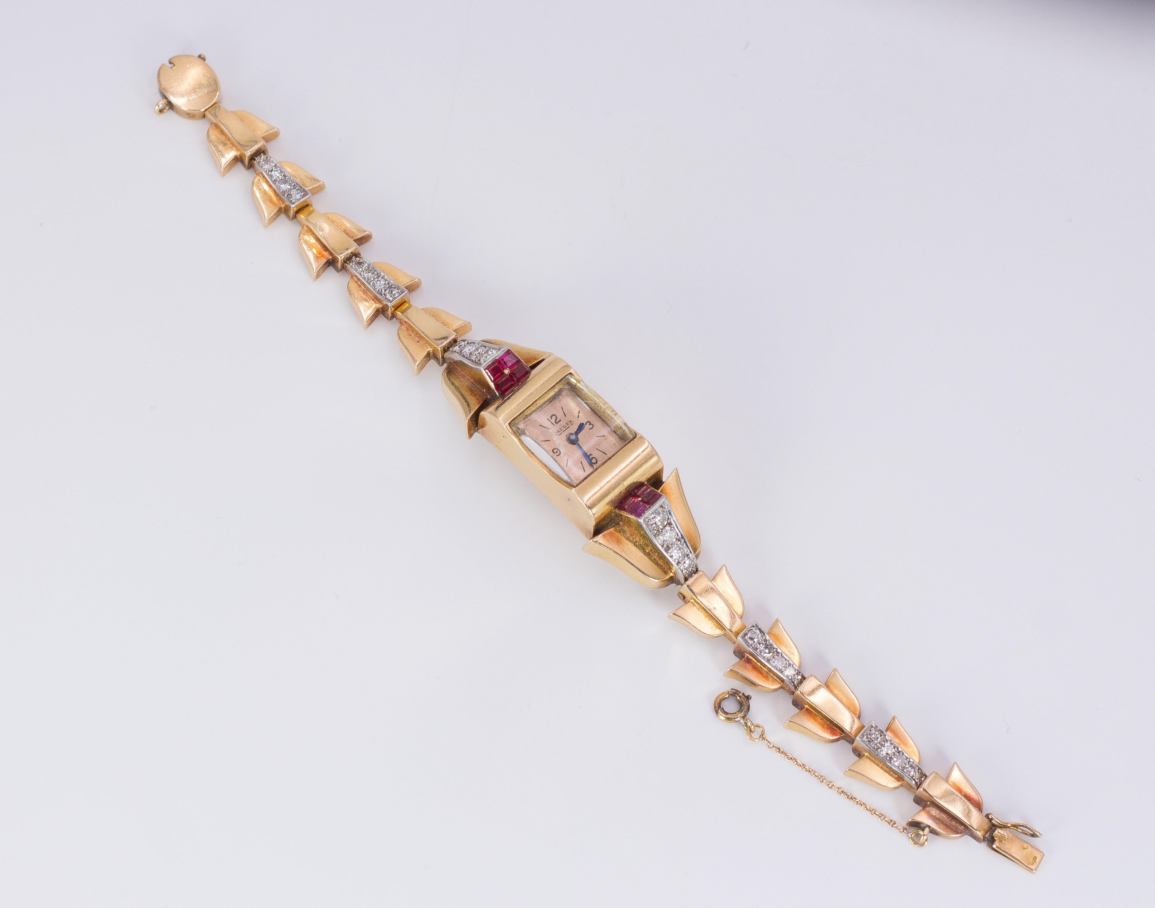 Art Deco 18 Karat Gold, Diamond and Ruby Lady Jaeger Wristwatch, 1930s For Sale 1