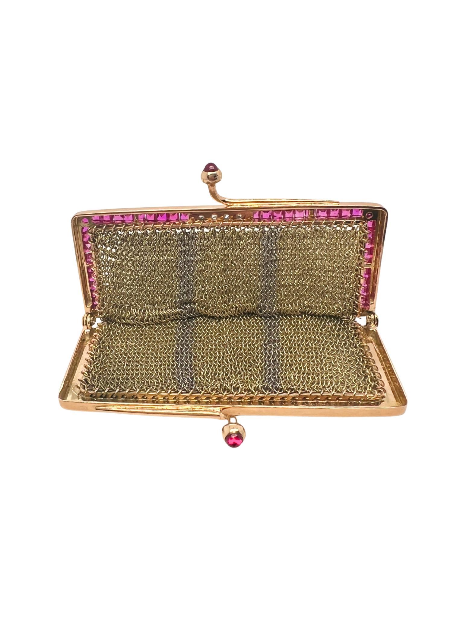 Art Deco 18k Gold Diamond Ruby Purse

Details:
Material: 18K yellow gold
Stones: approx. 0.27 carats of diamonds, and accented with French cut rubies.
Measurements: 7.5cm x 7cm
Weight: 55.1 grams

Perfect for the collector or fashion aficionado who