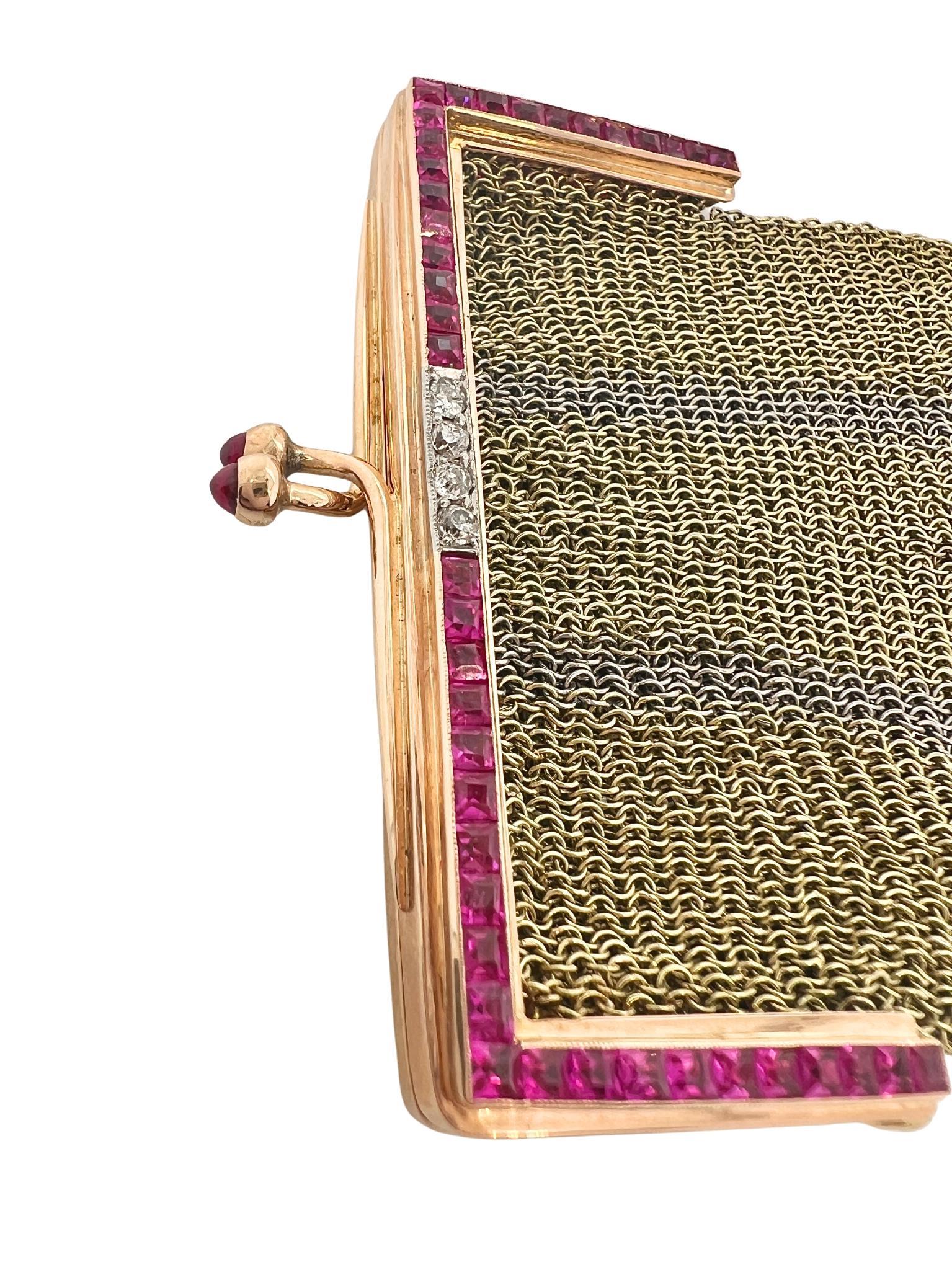 Mixed Cut Art Deco 18k Gold Diamond Ruby Purse For Sale
