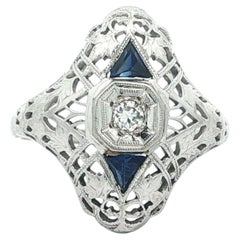 Art Deco 18k Gold Diamond & Sapphire Detailed Filigree Hand Engraved Dinner Ring