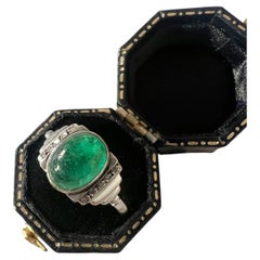 Antique Art Deco 18K gold emerald cabochon diamond ring