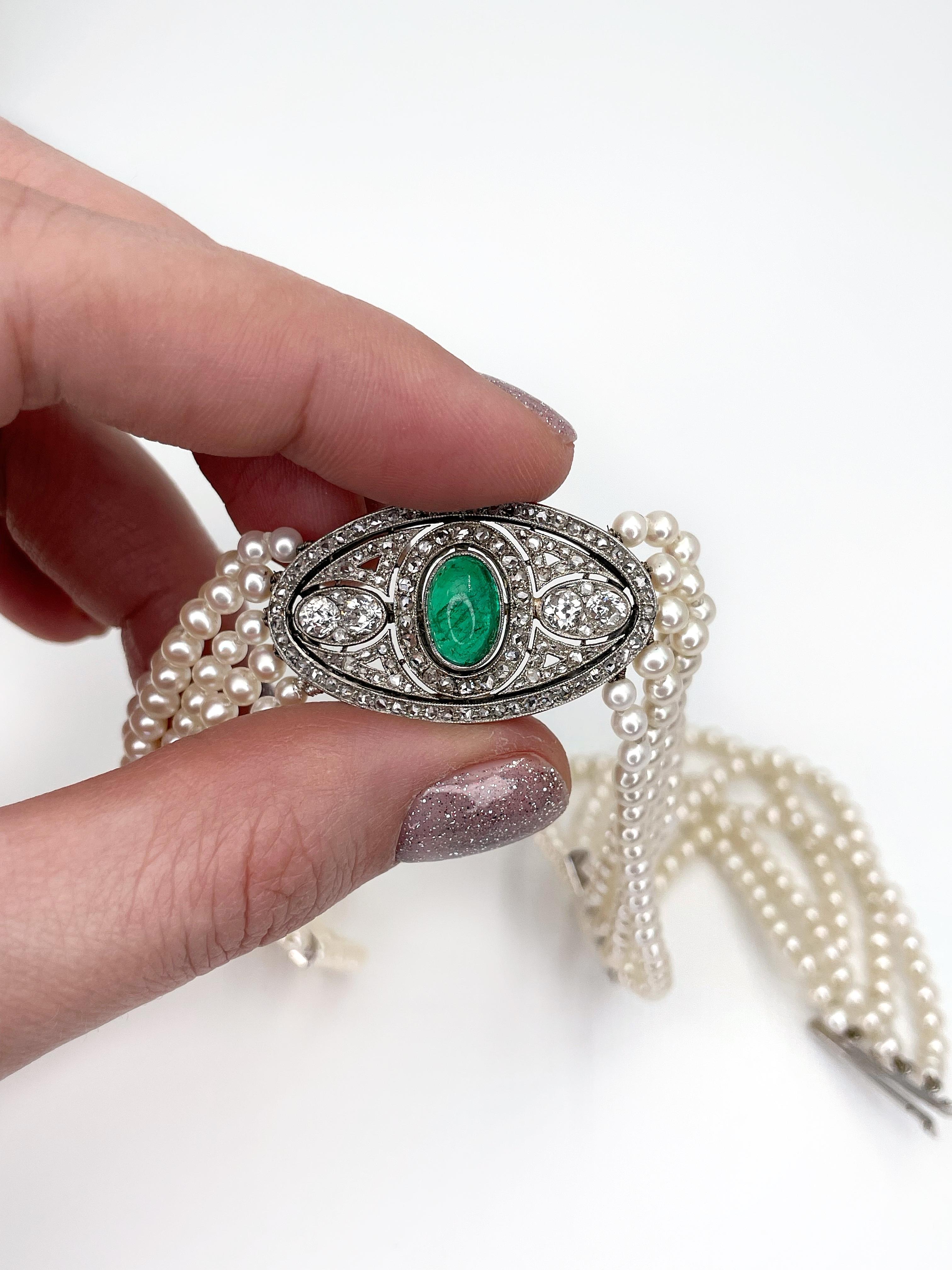 Art Deco Halskette aus 18 Karat Gold mit fünf Seil-Perlen und Smaragd im Rosenschliff Damen