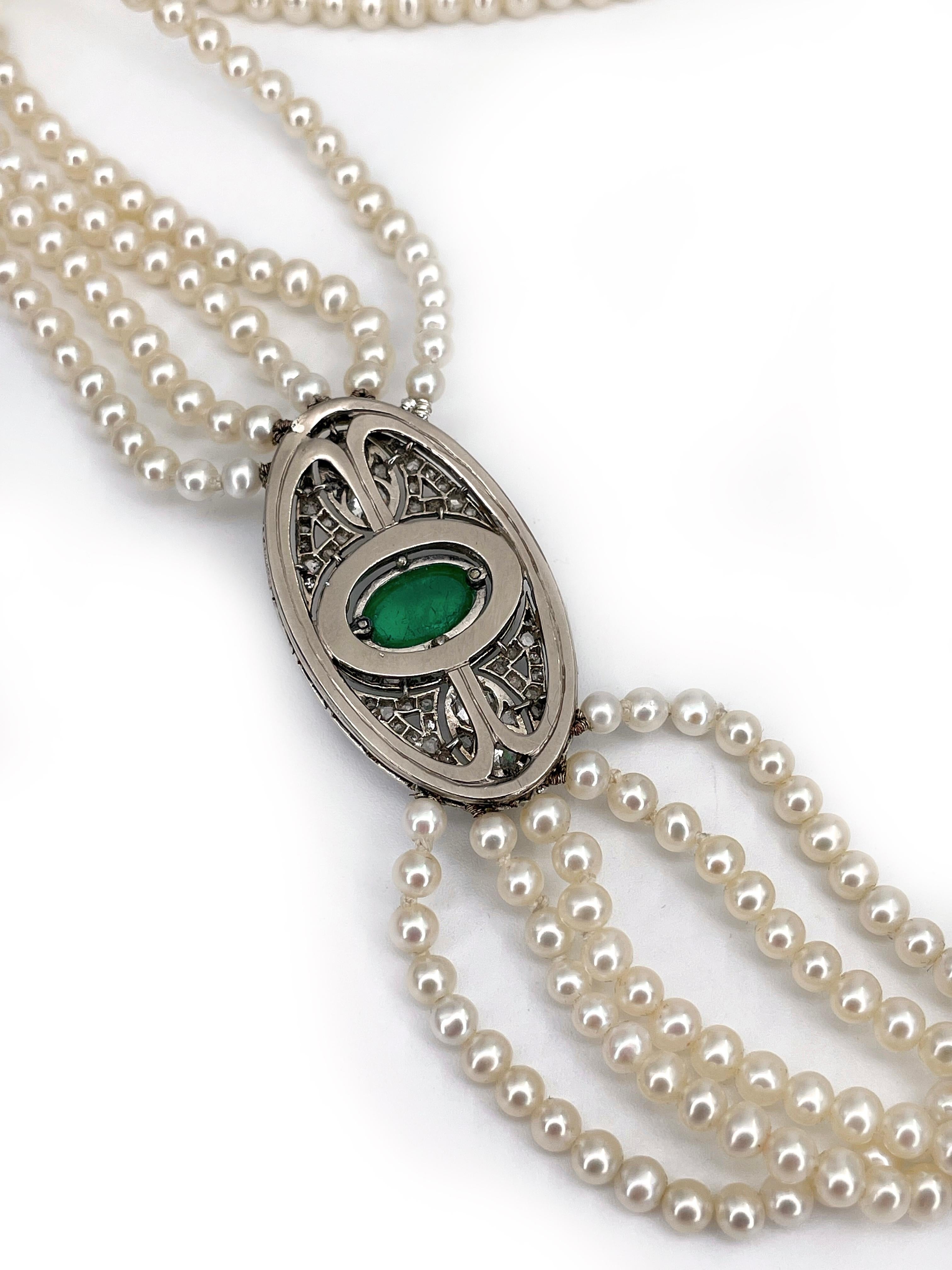 Art Deco Halskette aus 18 Karat Gold mit fünf Seil-Perlen und Smaragd im Rosenschliff 1