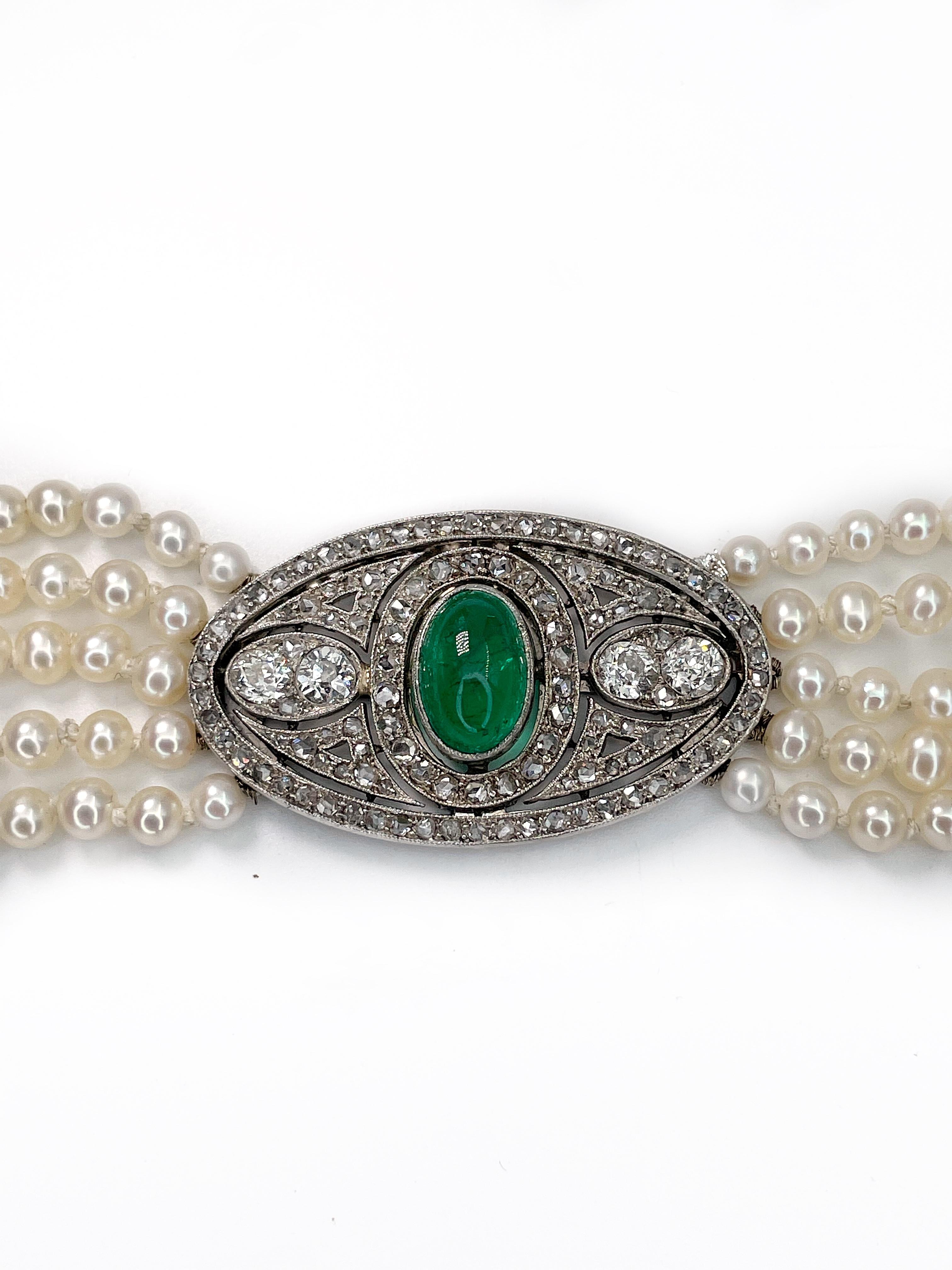 Art Deco Halskette aus 18 Karat Gold mit fünf Seil-Perlen und Smaragd im Rosenschliff 2