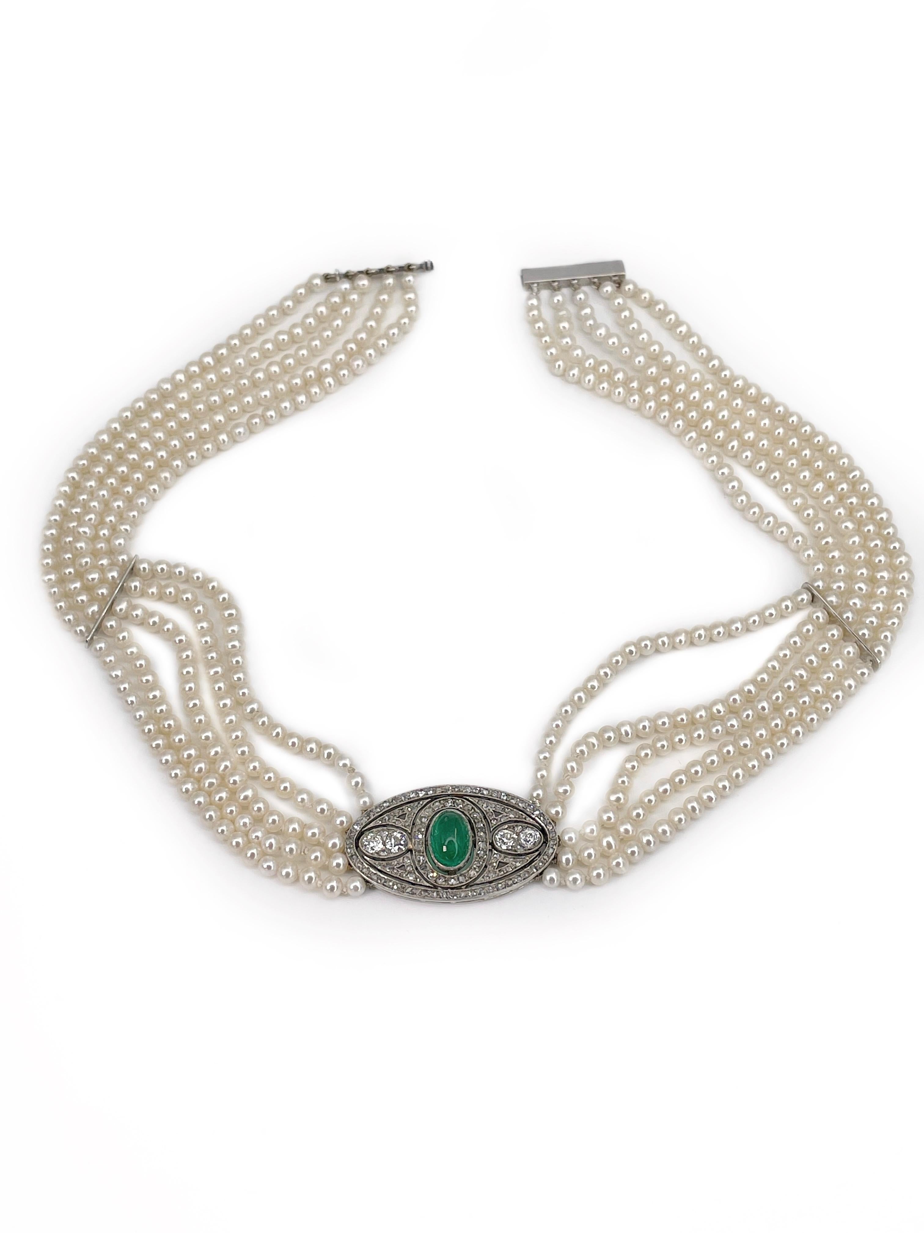 Art Deco Halskette aus 18 Karat Gold mit fünf Seil-Perlen und Smaragd im Rosenschliff 3