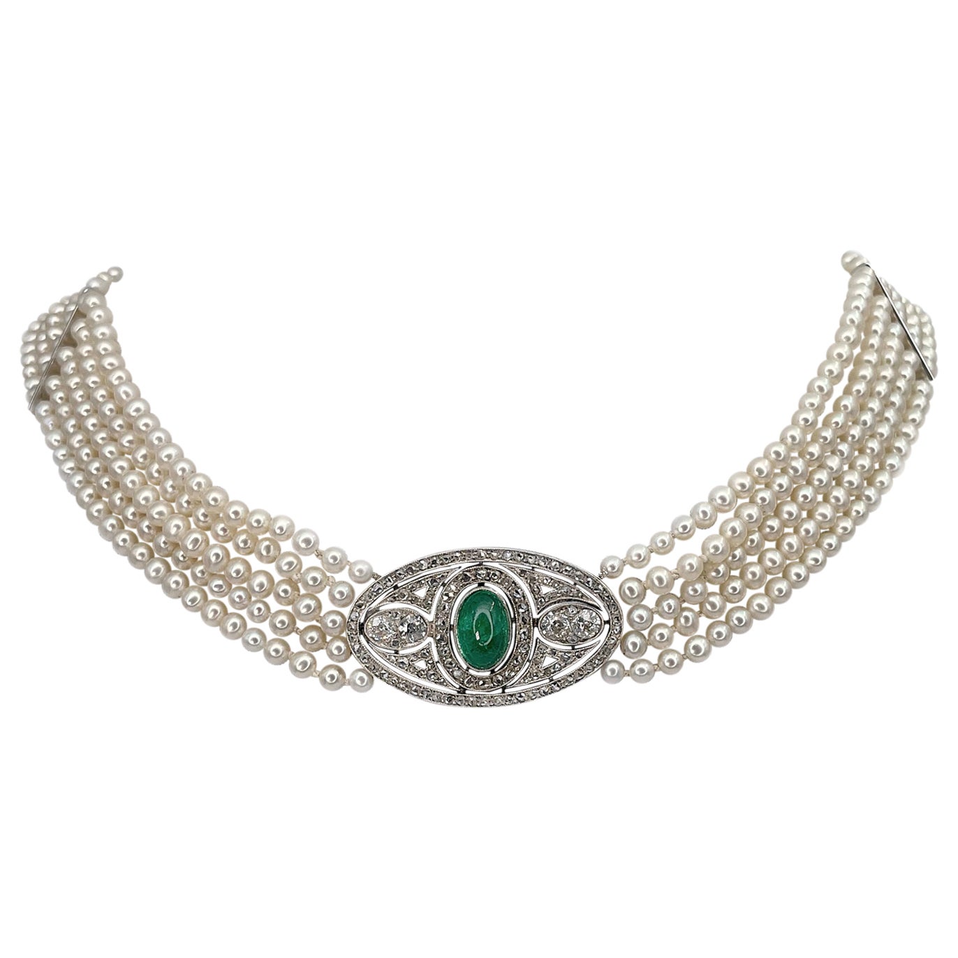 Art Deco Halskette aus 18 Karat Gold mit fünf Seil-Perlen und Smaragd im Rosenschliff