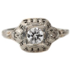Art Deco 18K Gold Engagement Ring .36 Carat Old European Cut Diamond Filigree