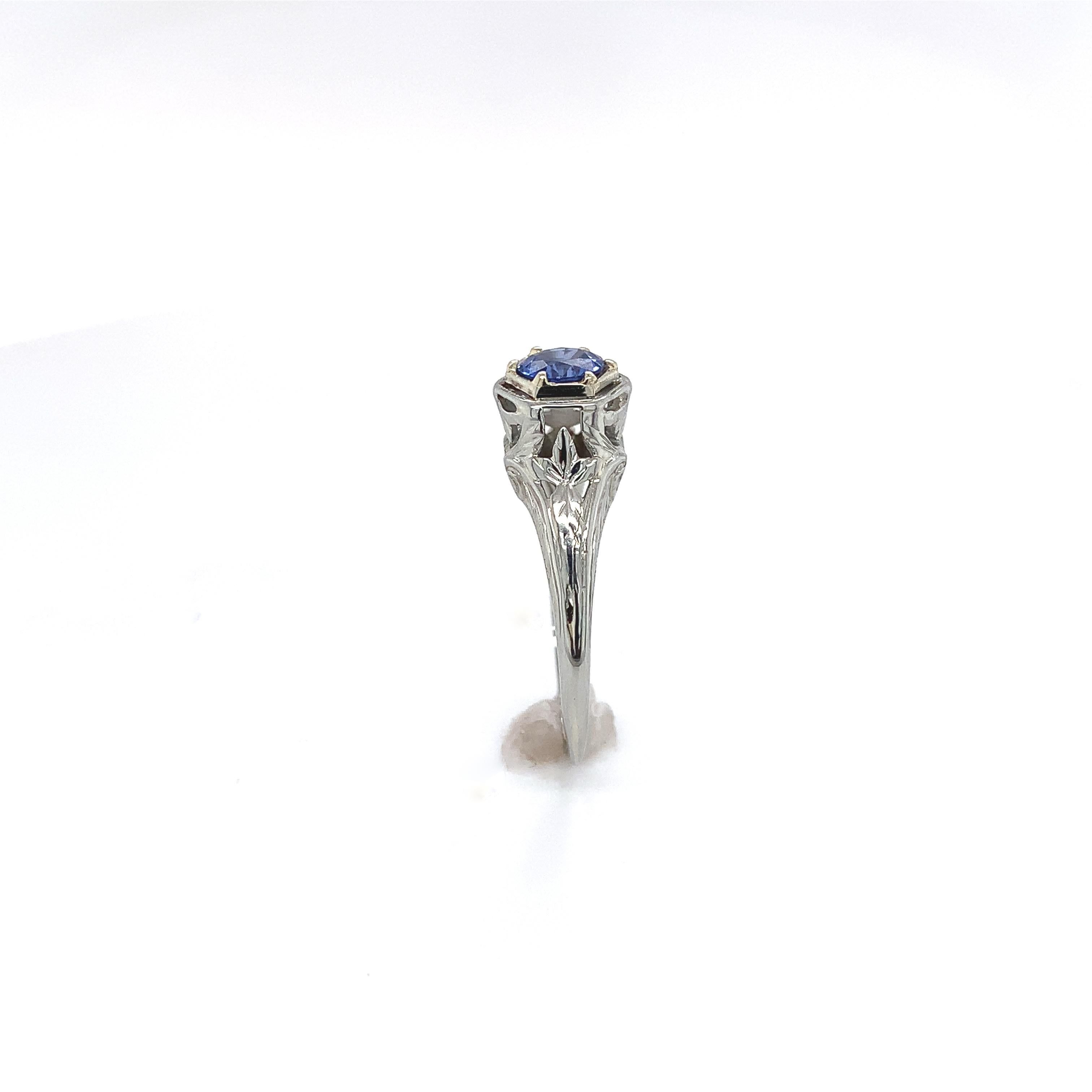 Round Cut Art Deco 18K Gold Filigree Ring with .63ct. Sapphire For Sale