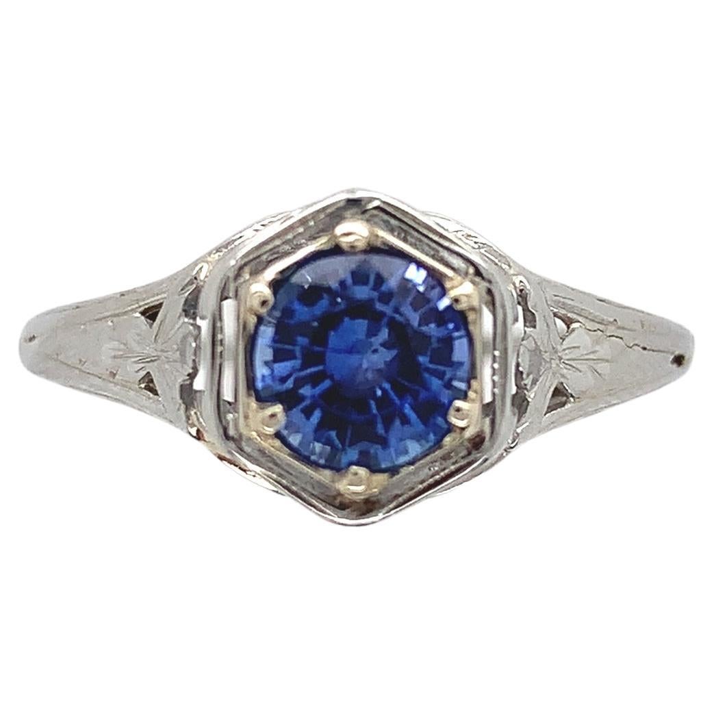 Art Deco 18K Gold Filigree Ring with .63ct. Sapphire For Sale