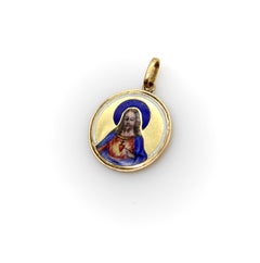 Art Deco 18K Gold Hand-Painted Enamel Sacred Heart Medallion Pendant Charm