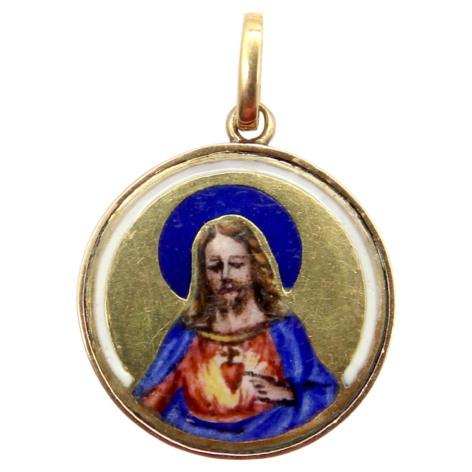 Ciondolo a forma di medaglione con cuore sacro in oro 18 carati dipinto a mano Art Deco in vendita