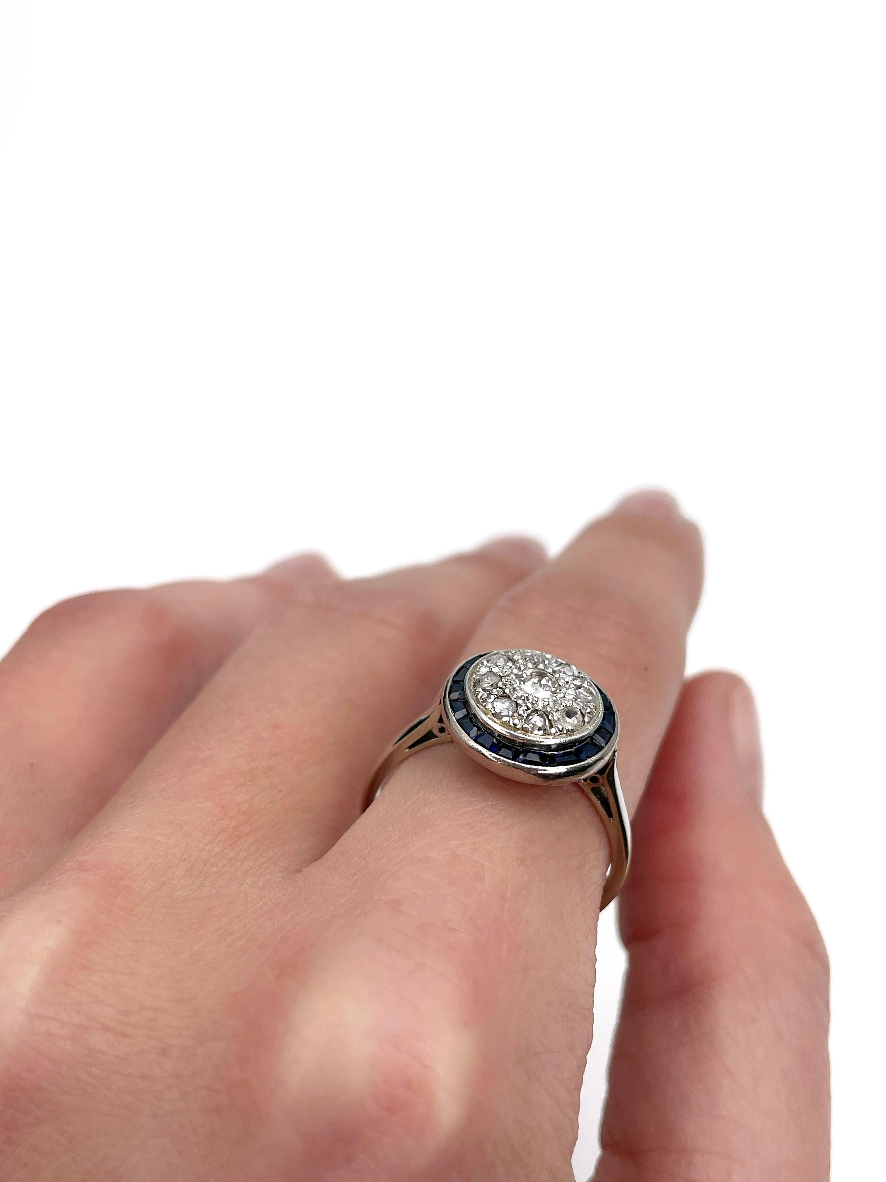 Women's or Men's Art Deco 18K Gold Old Cut Diamond Sapphire Target Ring