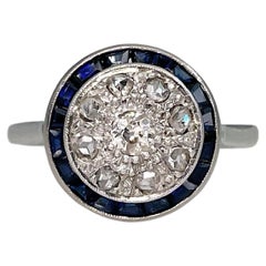 Art Deco 18K Gold Old Cut Diamond Sapphire Target Ring