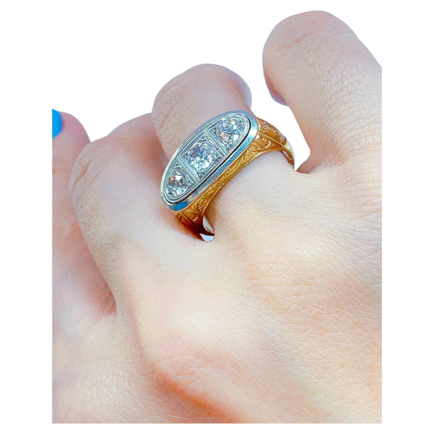 Women's or Men's Art Deco Old Mine Cut Diamond Gold Ring