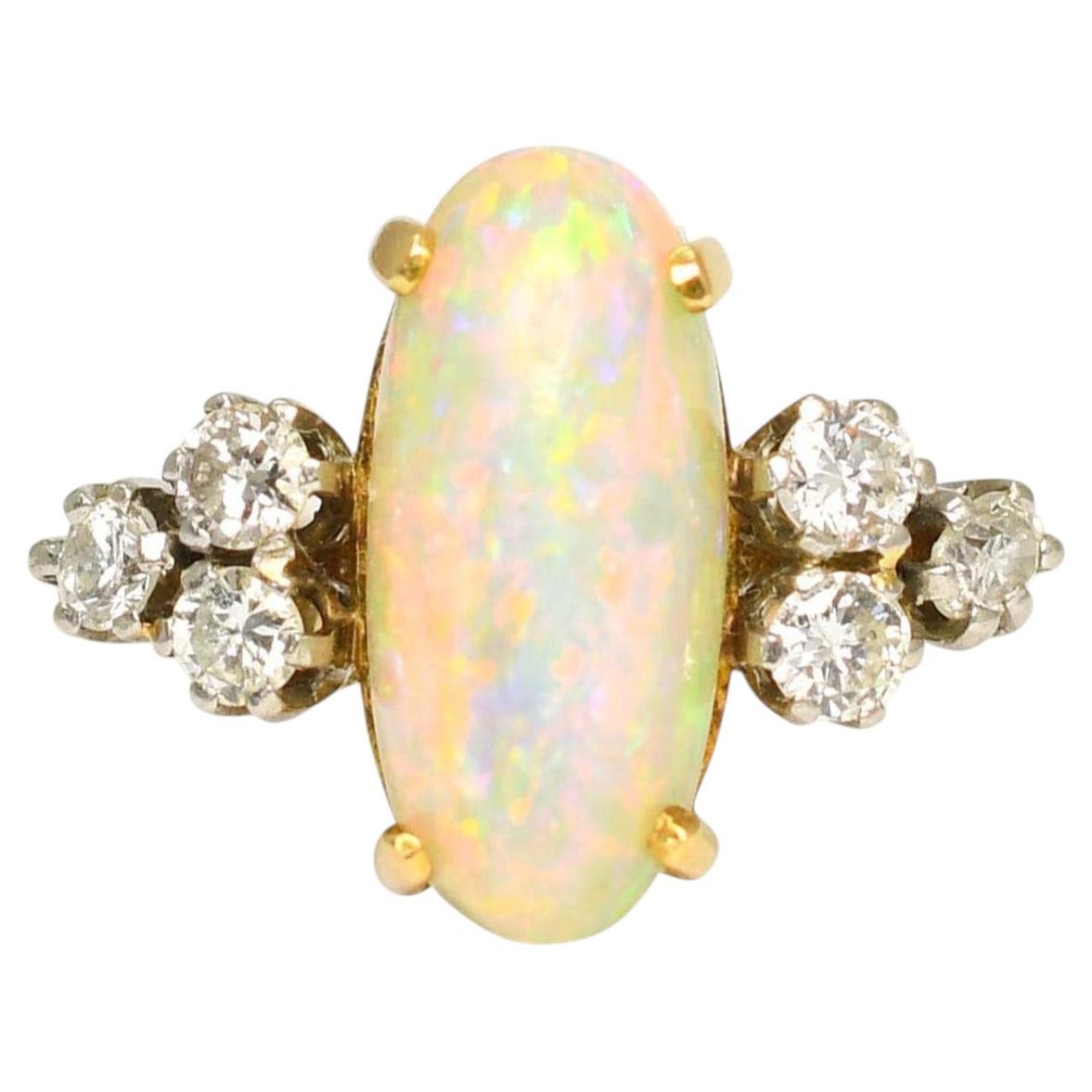 Art Deco 18k Gold Opal & Diamond Cluster Ring, Circa 1920