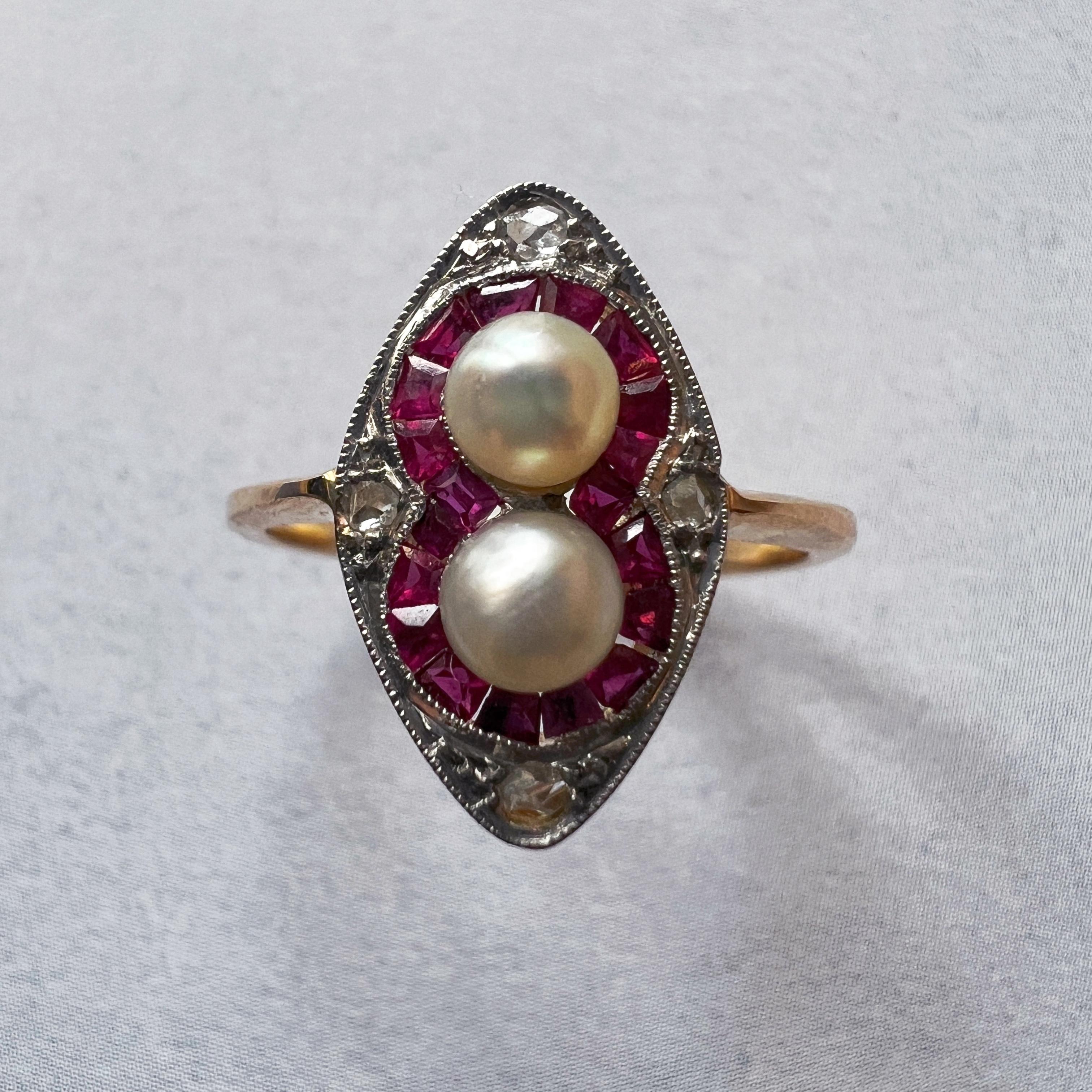 Art Deco 18K gold pearl ruby diamond ring For Sale 5