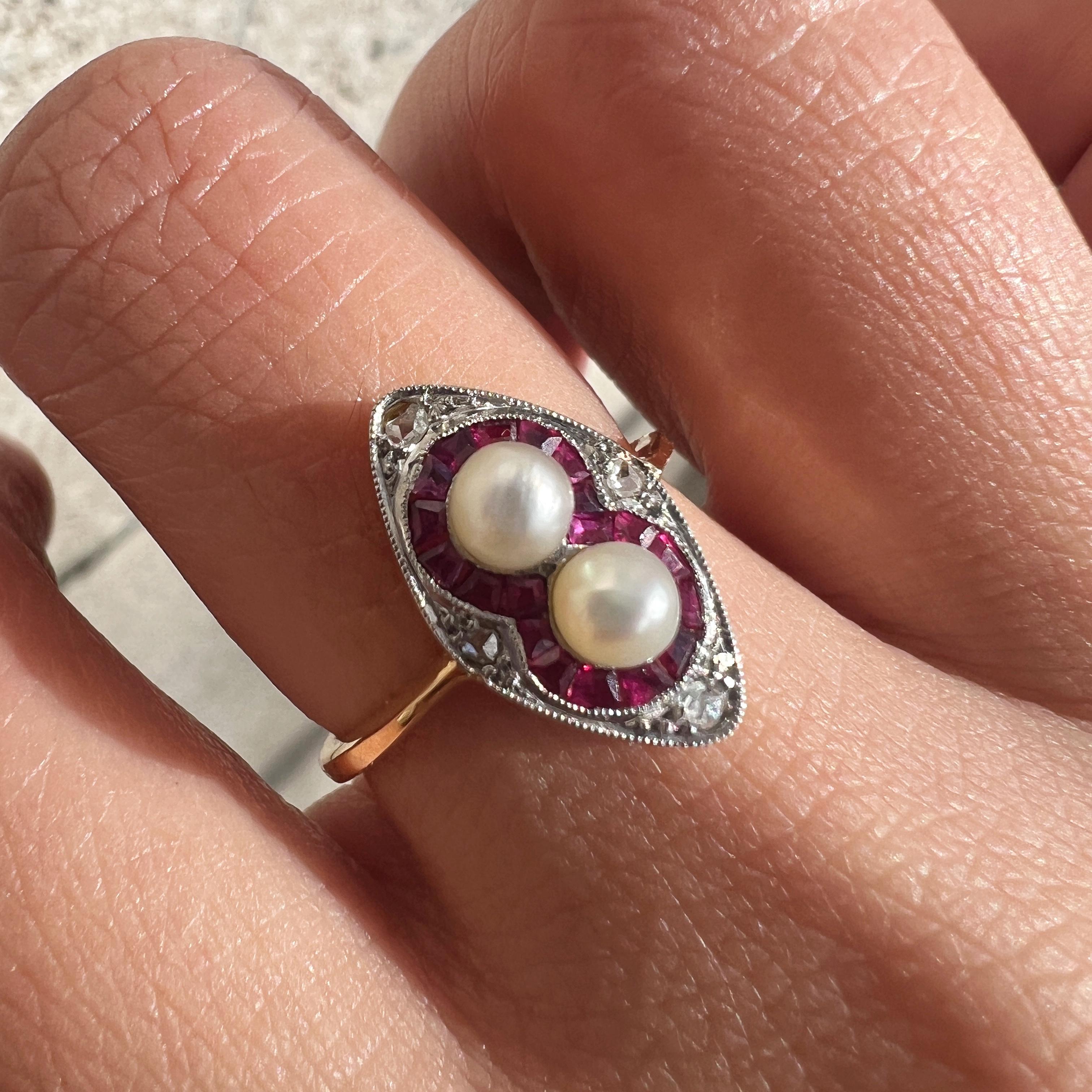 Rose Cut Art Deco 18K gold pearl ruby diamond ring For Sale