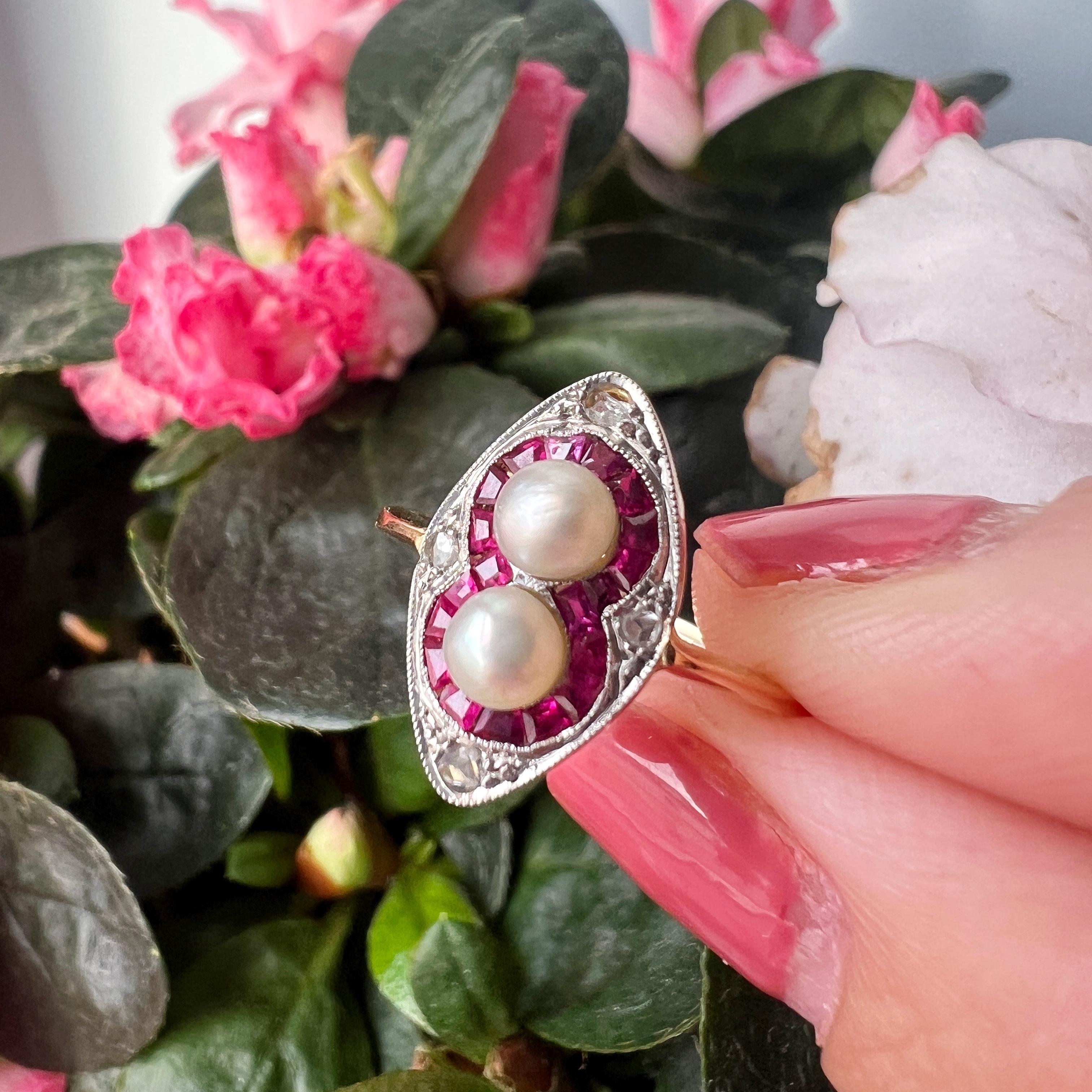 Art Deco 18K gold pearl ruby diamond ring For Sale 1