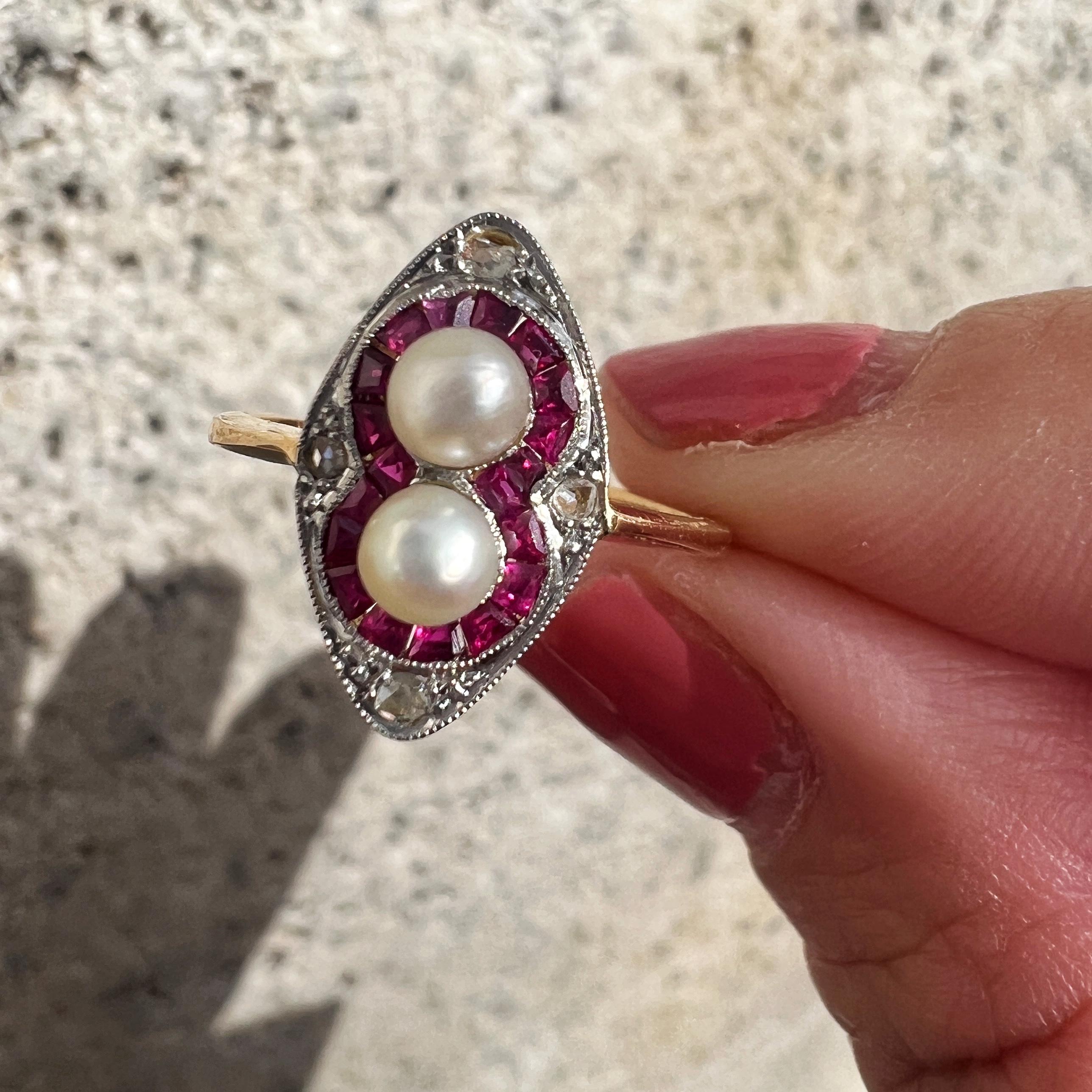 Art Deco 18K gold pearl ruby diamond ring For Sale 2