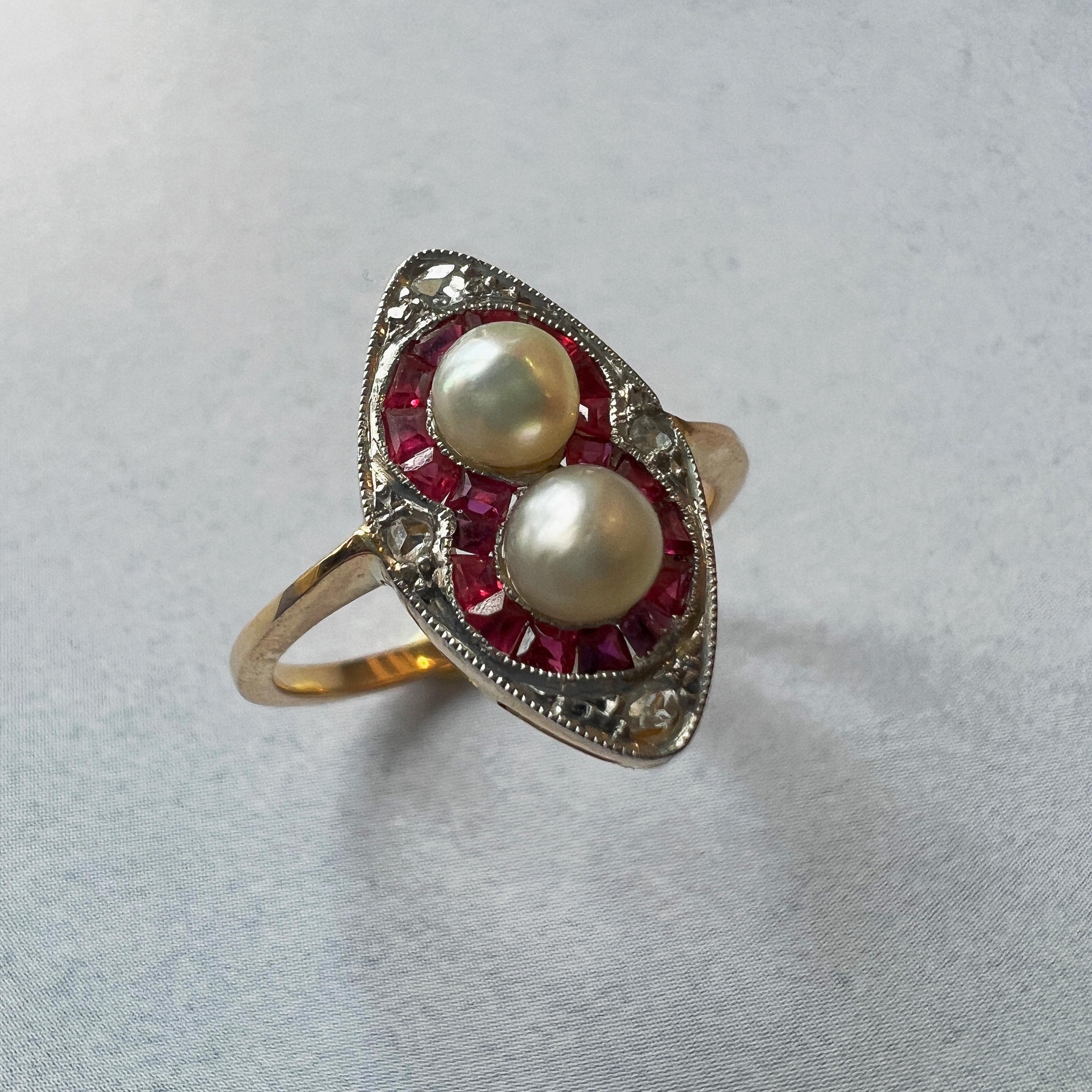Art Deco 18K gold pearl ruby diamond ring For Sale 4