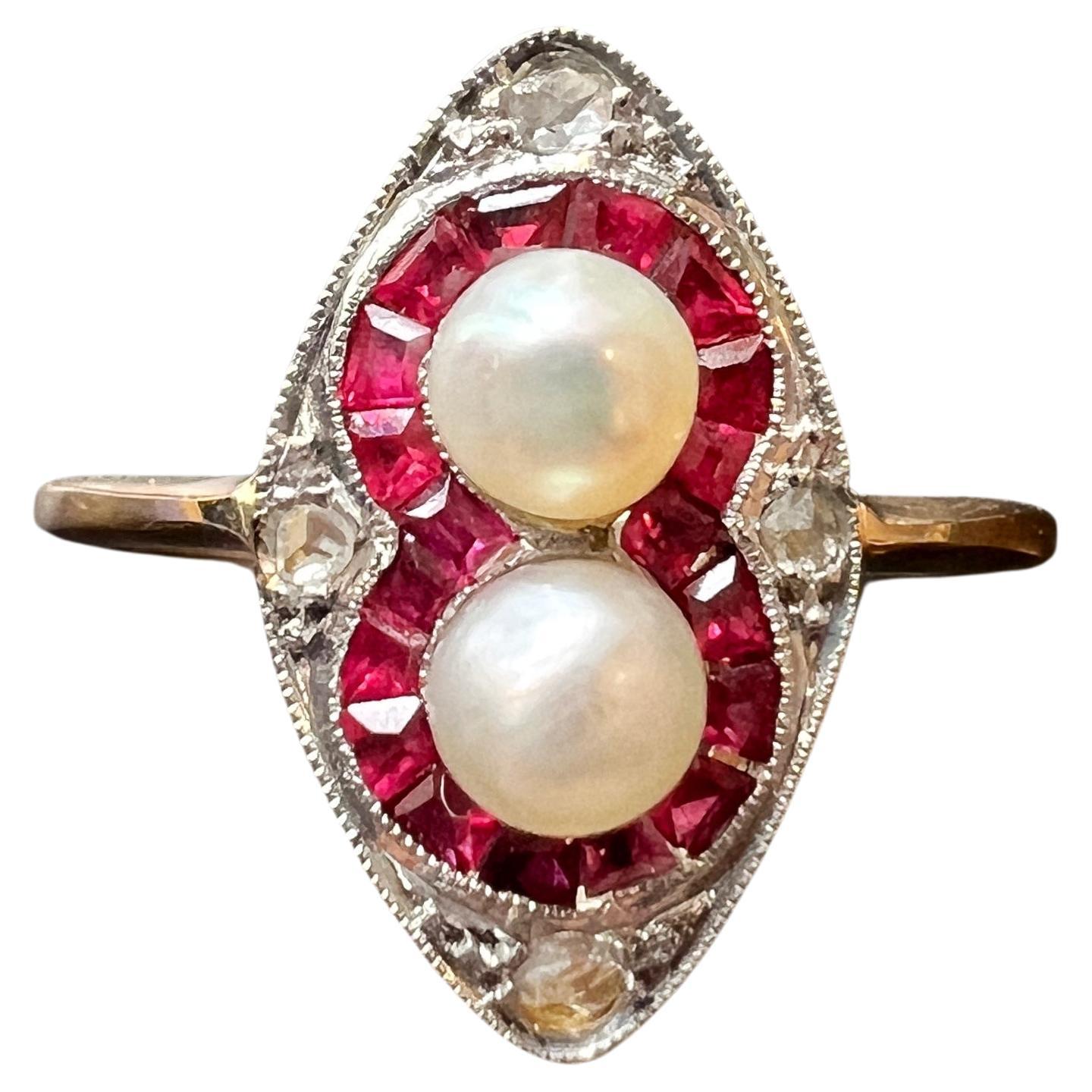 Art Deco 18K gold pearl ruby diamond ring For Sale