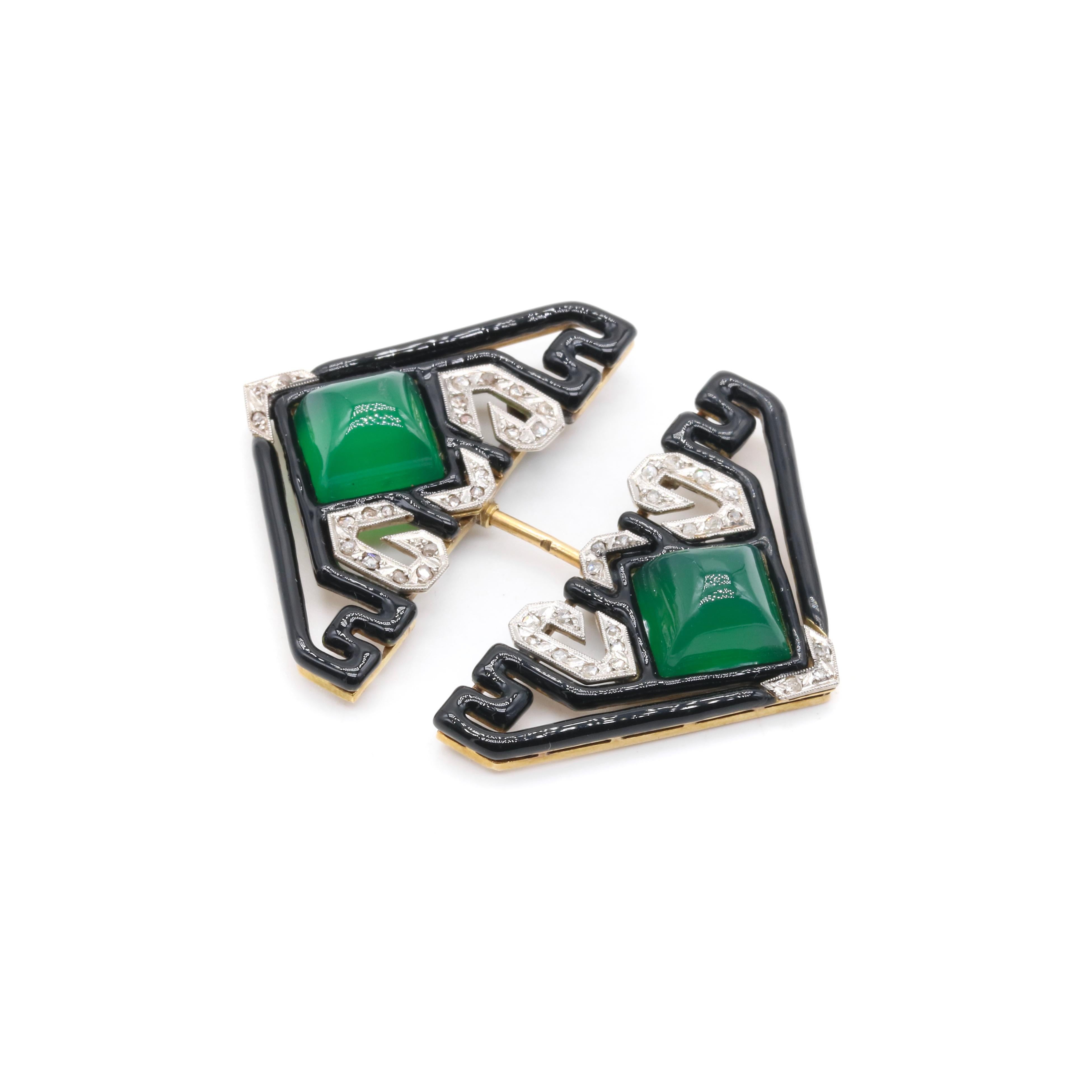 Women's or Men's Art Deco 18K Gold & Platinum Diamond, Chrysoprase & Black Enamel Jabot Pin For Sale