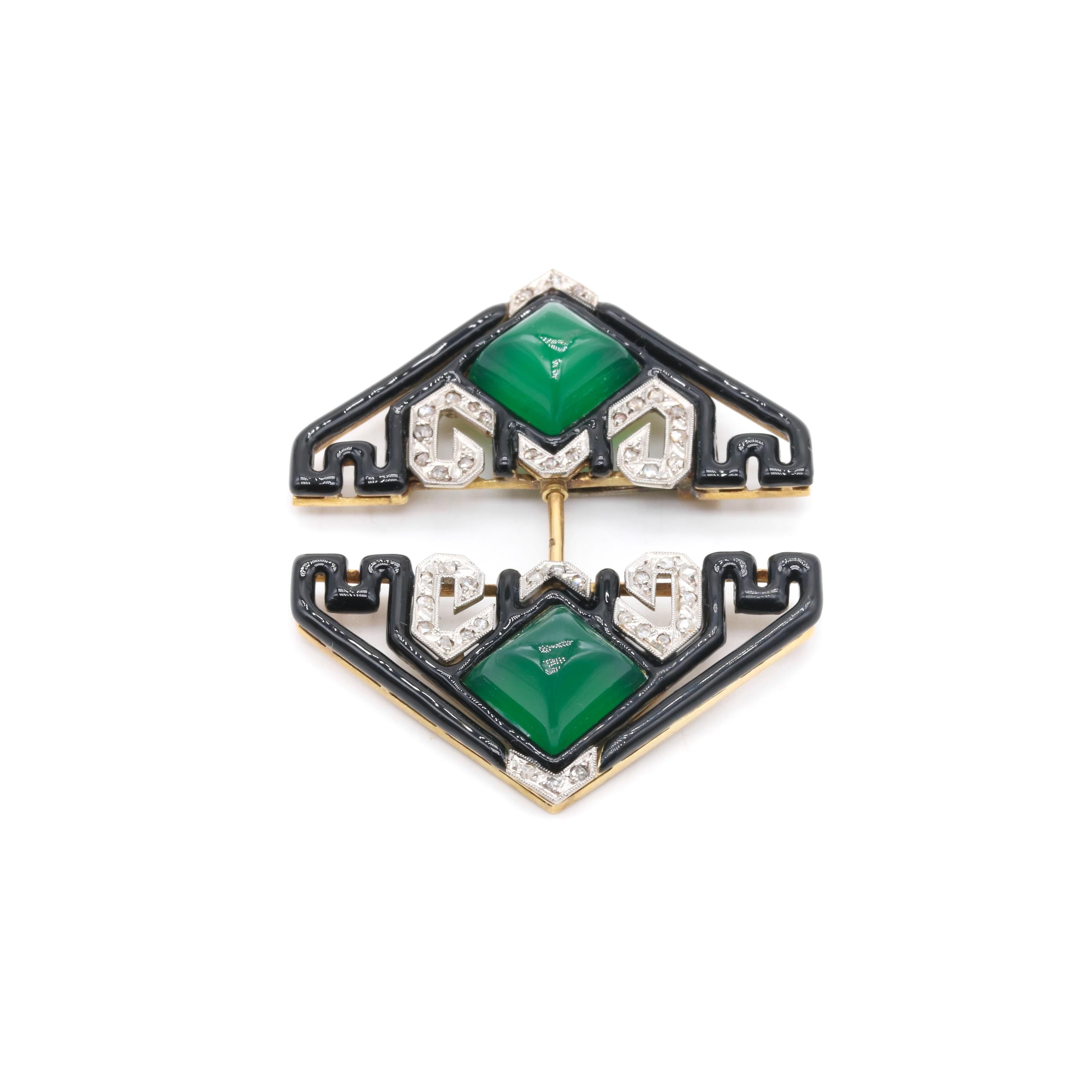 Art Deco 18K Gold & Platinum Diamond, Chrysoprase & Black Enamel Jabot Pin For Sale 1