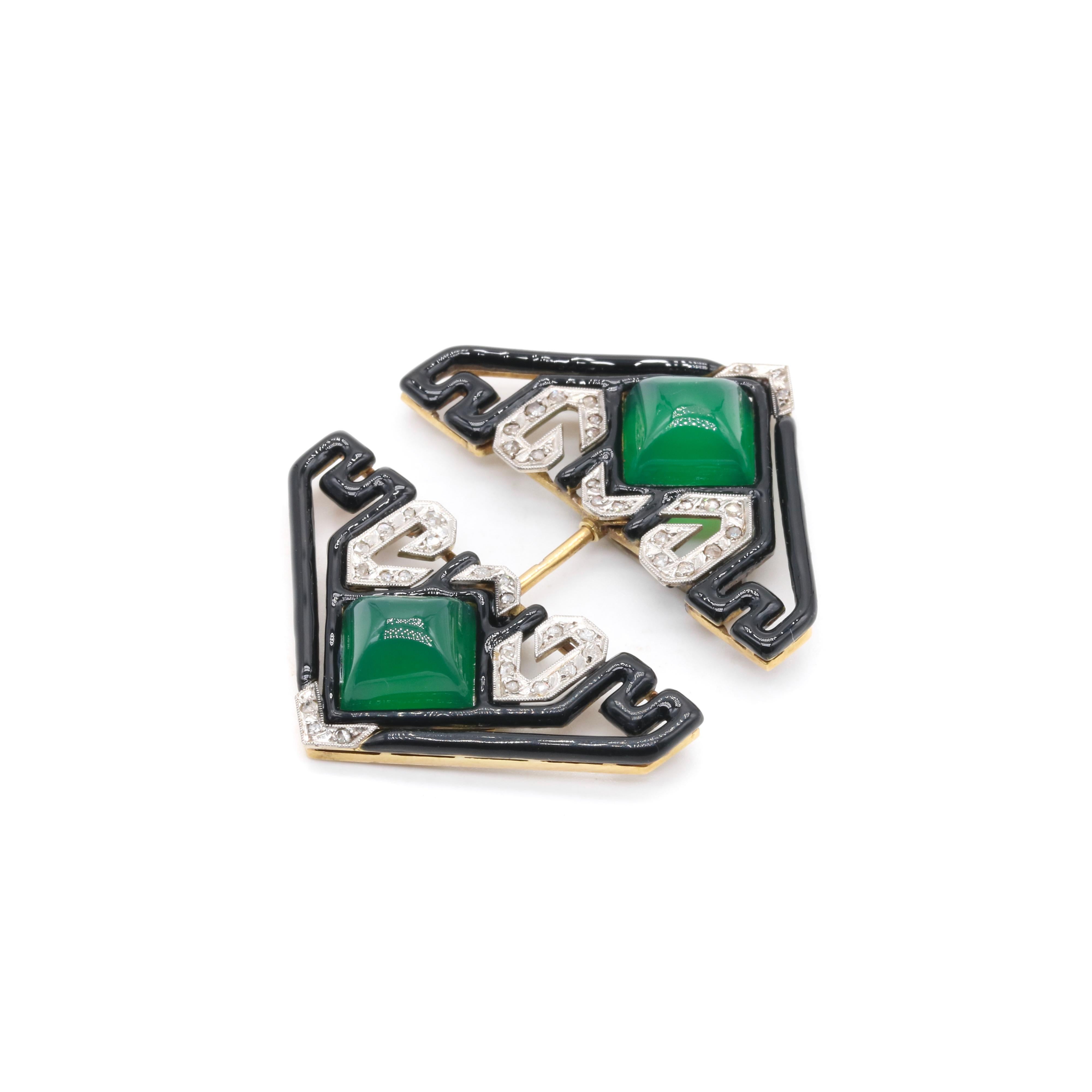 Art Deco 18K Gold & Platinum Diamond, Chrysoprase & Black Enamel Jabot Pin For Sale 2