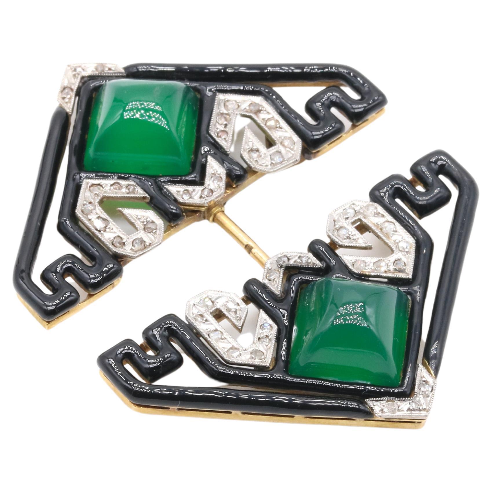 Art Deco 18K Gold & Platinum Diamond, Chrysoprase & Black Enamel Jabot Pin For Sale