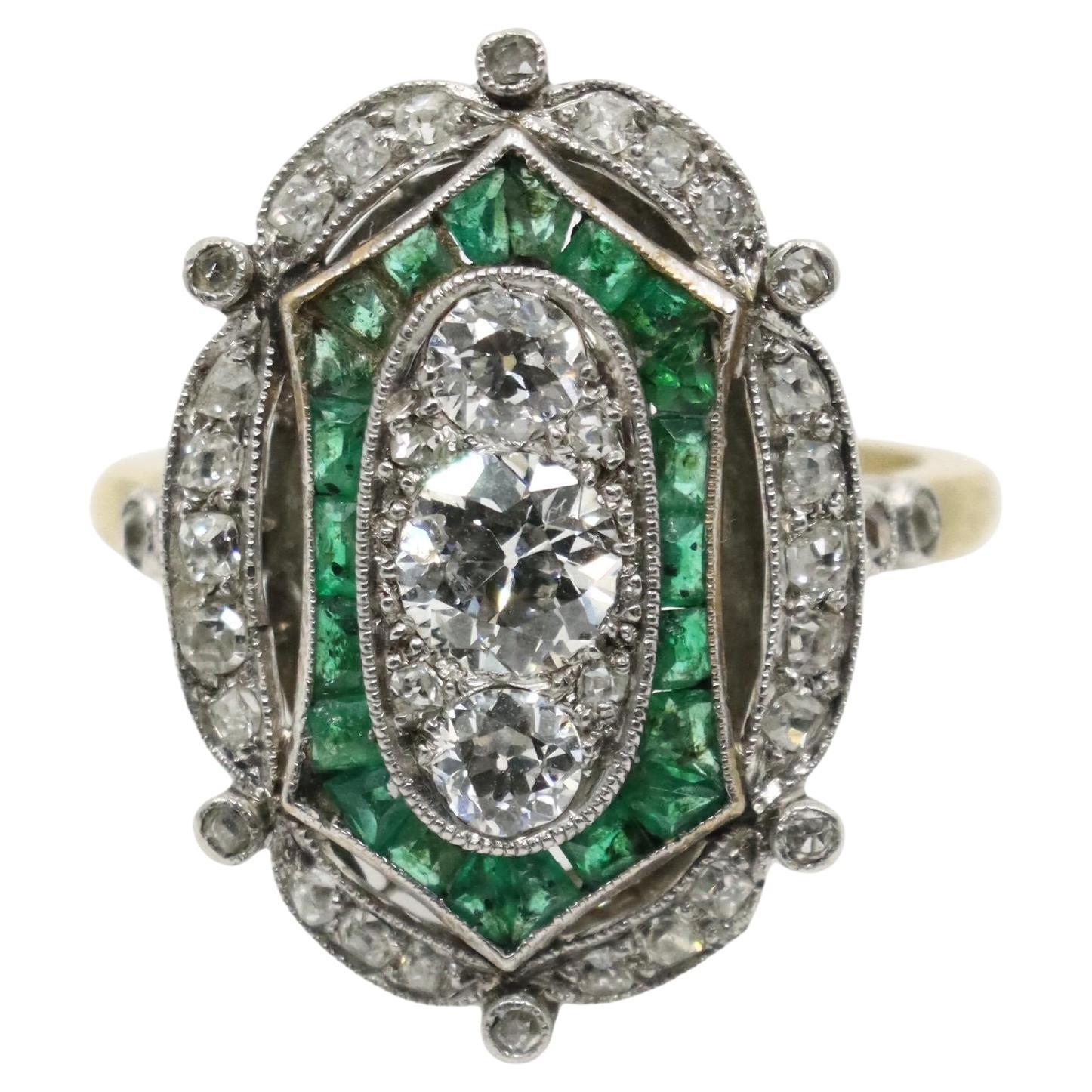 Art Deco 18K Gold & Platin Diamant Smaragd Ring