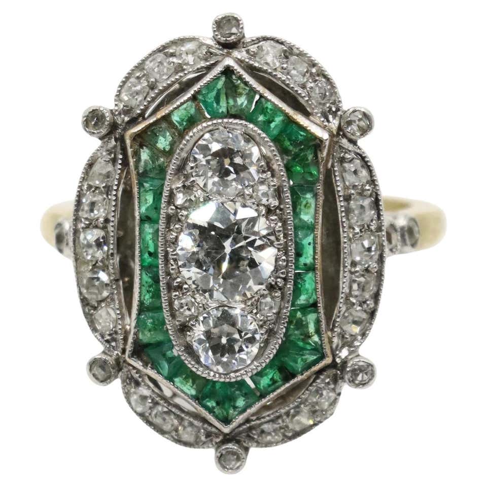 Old Lady Rings Antique Ladies Art Deco Style Gold Ring with Diamonds and Emeralds For ...