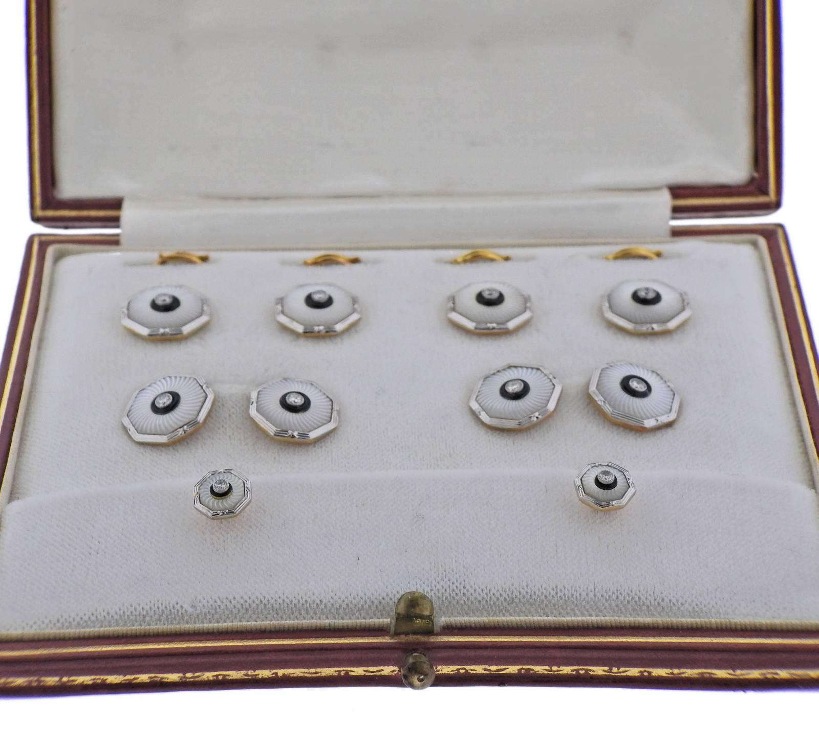 Classic Art Deco circa 1920s cufflinks, studs and buttons set, come in original box, decorated with crystal top, onyx and diamond in the center. Cufflink tops measure 12.4mm x 12.4mm, Buttons measure 12.5mm x 12.5mm and studs are 7.5mm x 7.5mm . Set