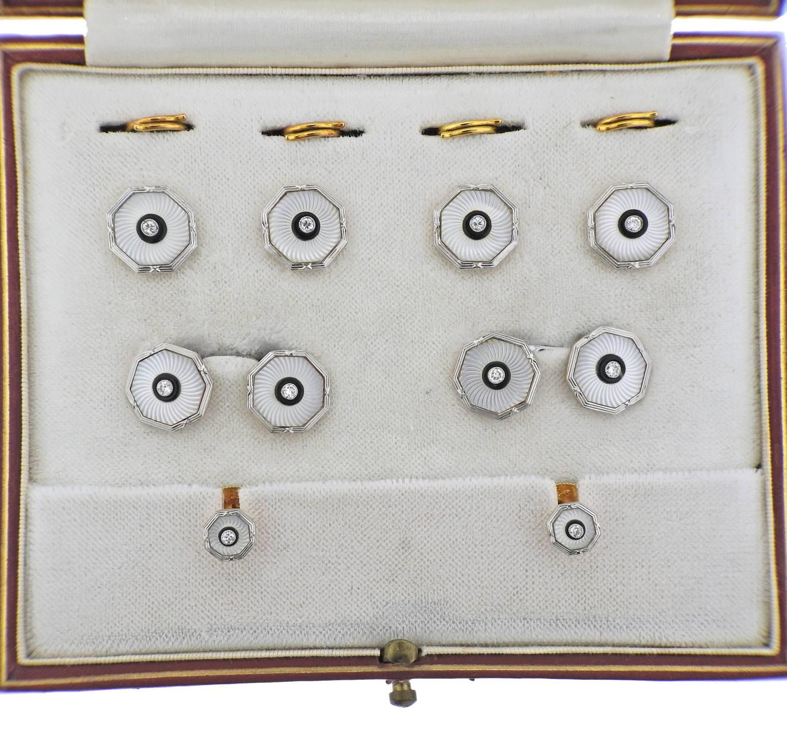 Art Deco 18 Karat Gold Platinum Diamond Onyx Crystal Cufflink Button Stud Set In Excellent Condition For Sale In Lambertville, NJ