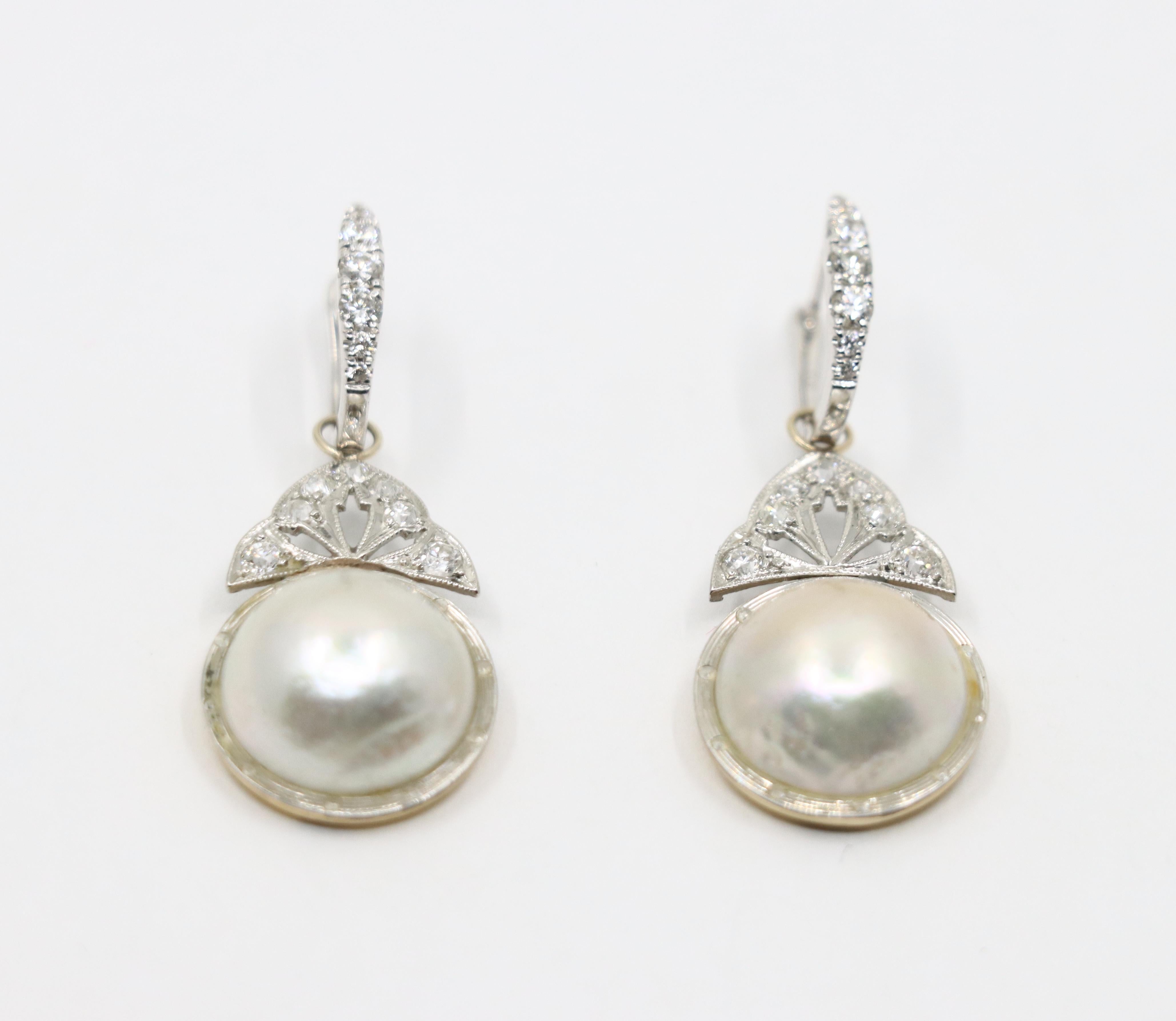 Orecchini Art Deco in oro 18 carati e platino con diamanti e perle In condizioni buone in vendita a Flushing, NY