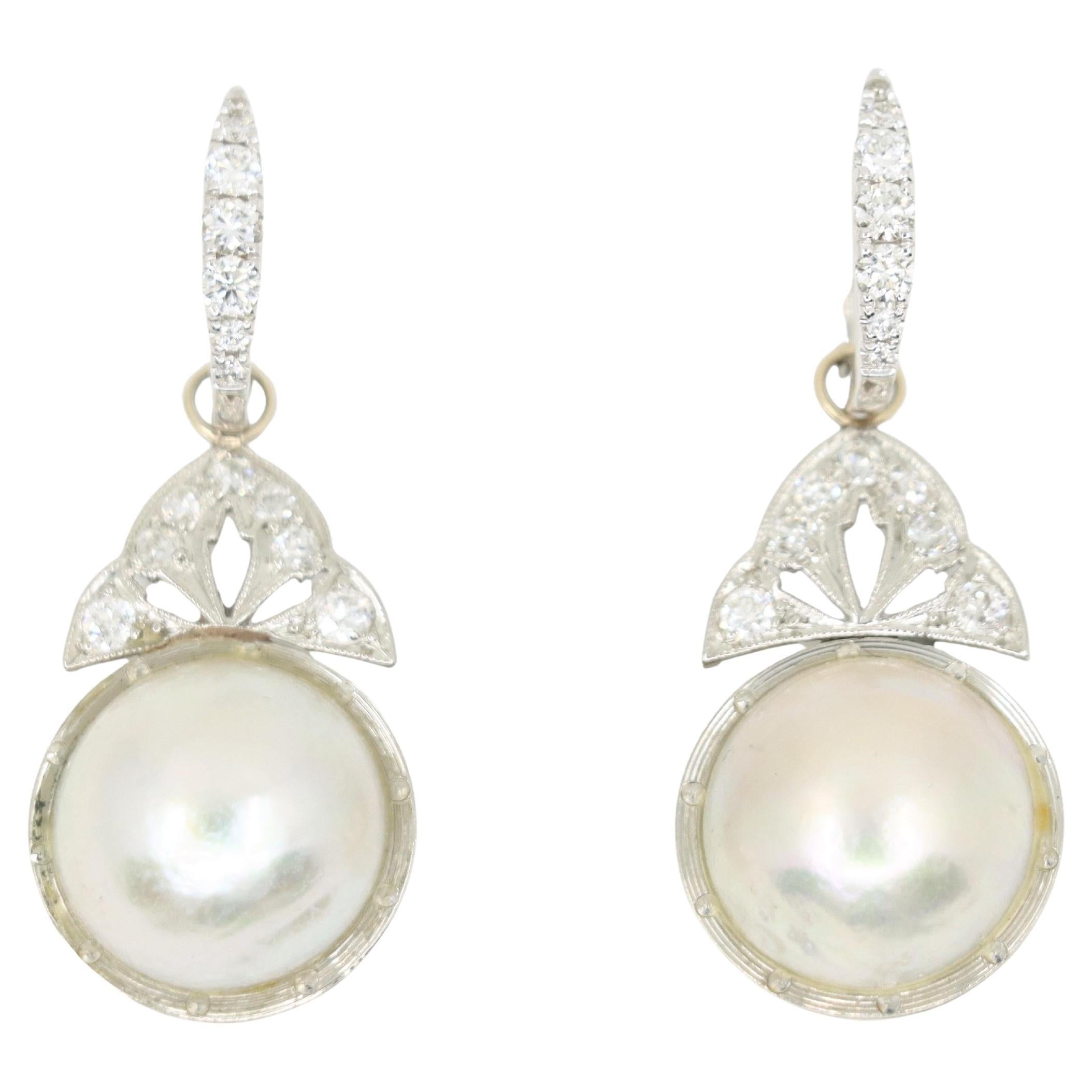 Art Deco 18K Gold & Platinum Diamond Pearl Earrings