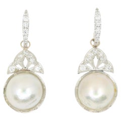 Art Deco 18K Gold & Platinum Diamond Pearl Earrings