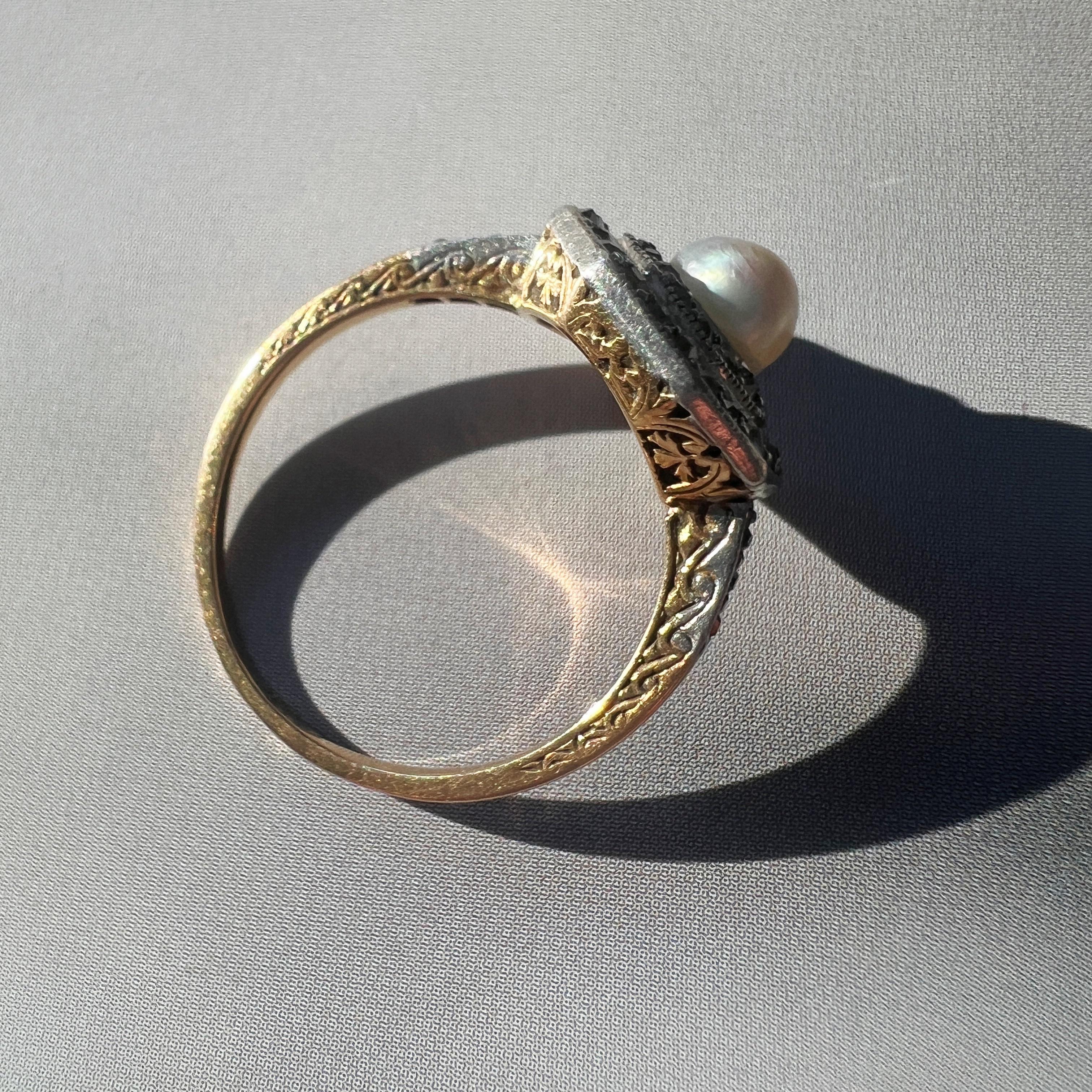 Art Deco 18K gold platinum diamond pearl ring 5