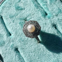 Art Deco 18K gold platinum diamond pearl ring