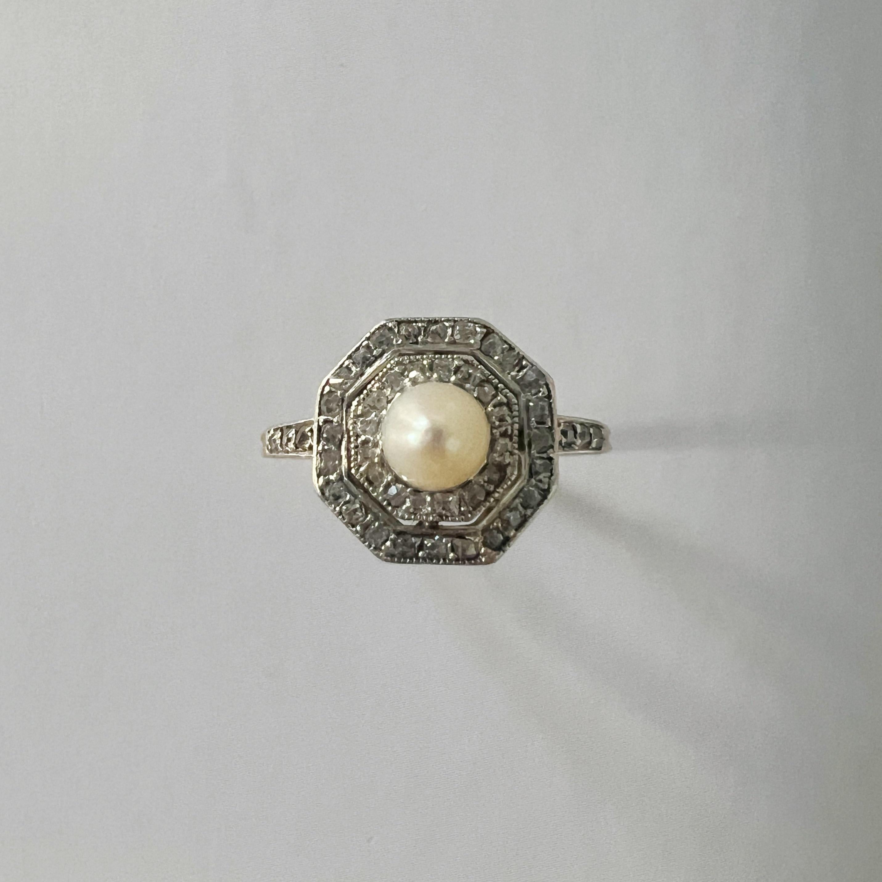 Art Deco 18K gold platinum diamond pearl ring 1