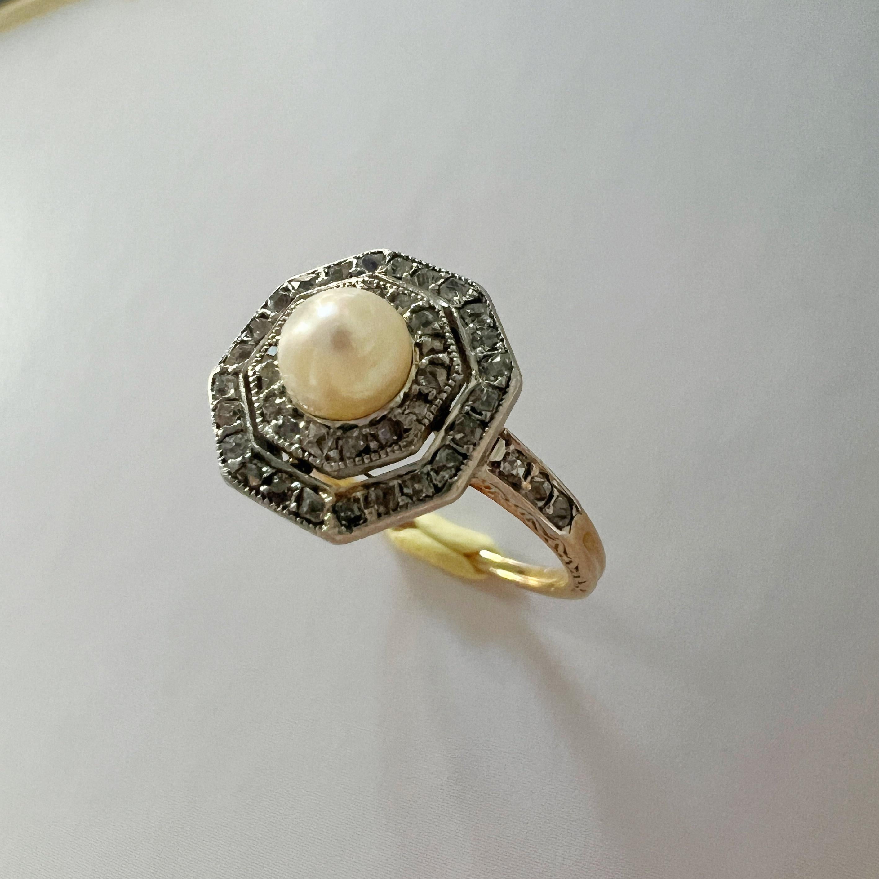 Art Deco 18K gold platinum diamond pearl ring For Sale 2