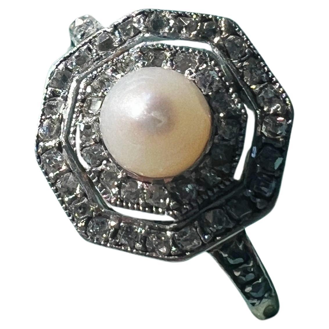 Art Deco 18K gold platinum diamond pearl ring