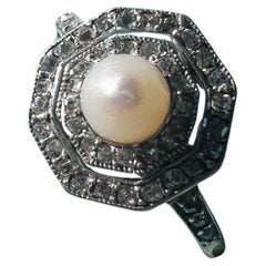 Art Deco 18K Gold Platin Diamant Perlenring