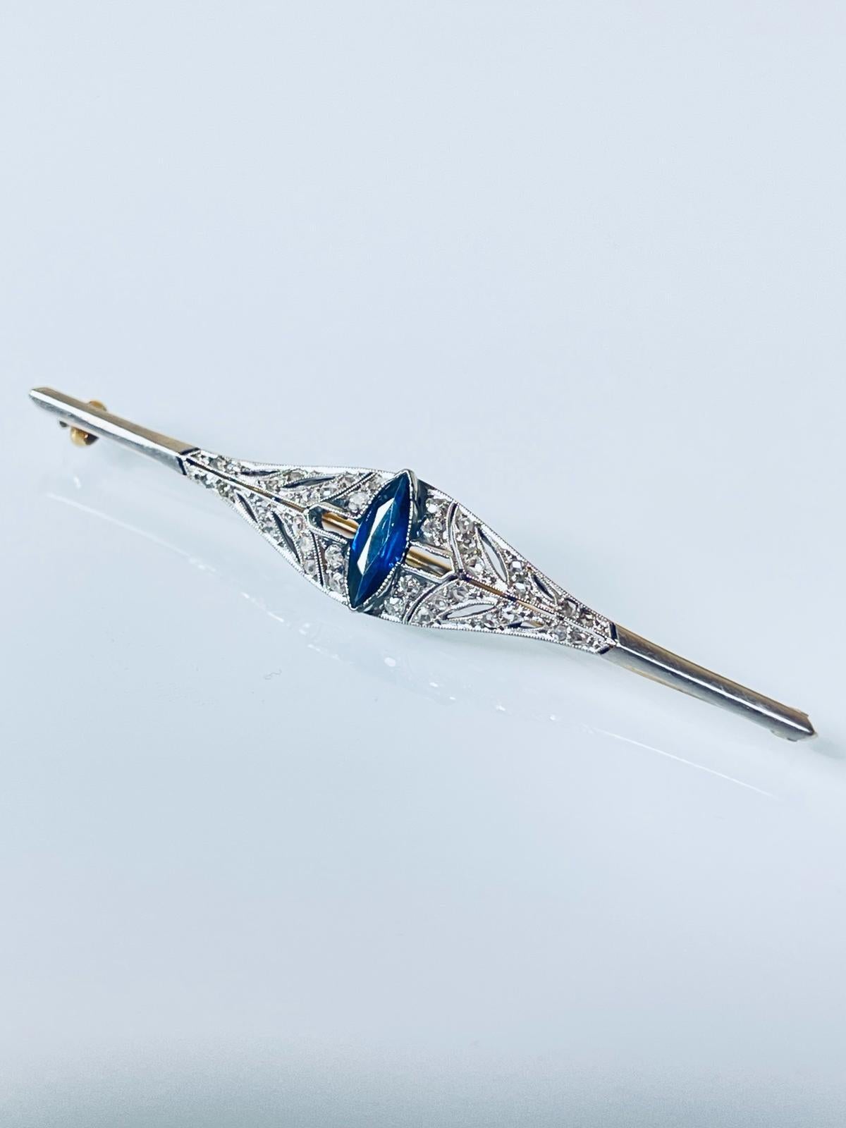 Rose Cut Art Deco 18K Gold Platinum Diamond Sapphire Brooch For Sale