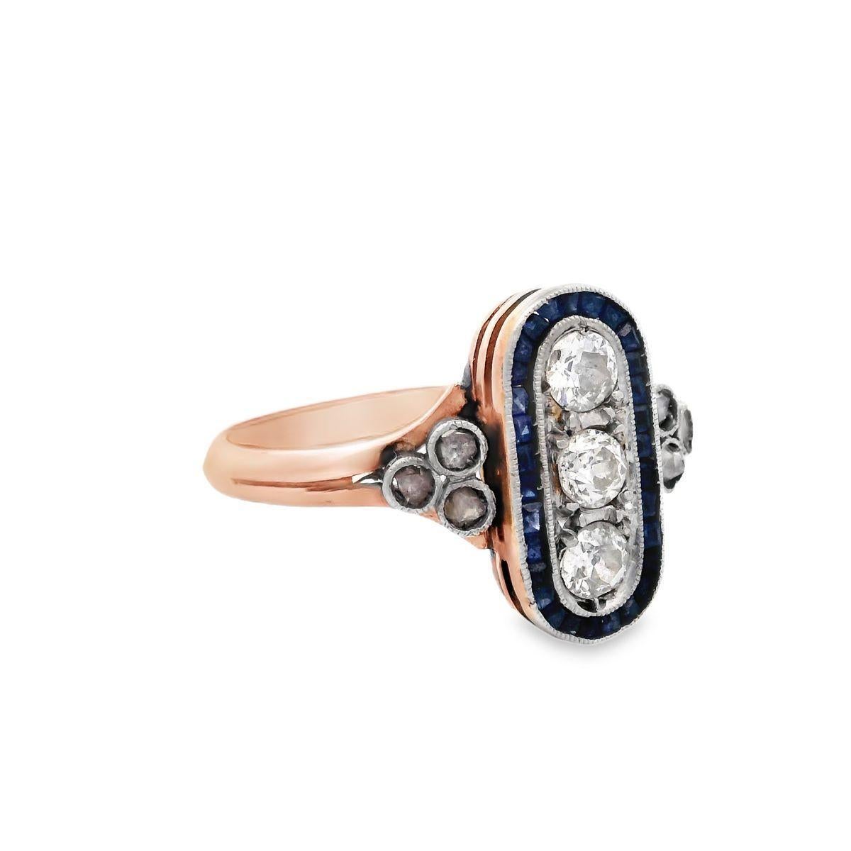 Art Deco Ring aus 18 Karat Gold und Platin mit Saphiren und Diamanten im Art déco-Stil (Alteuropäischer Brillantschliff) im Angebot