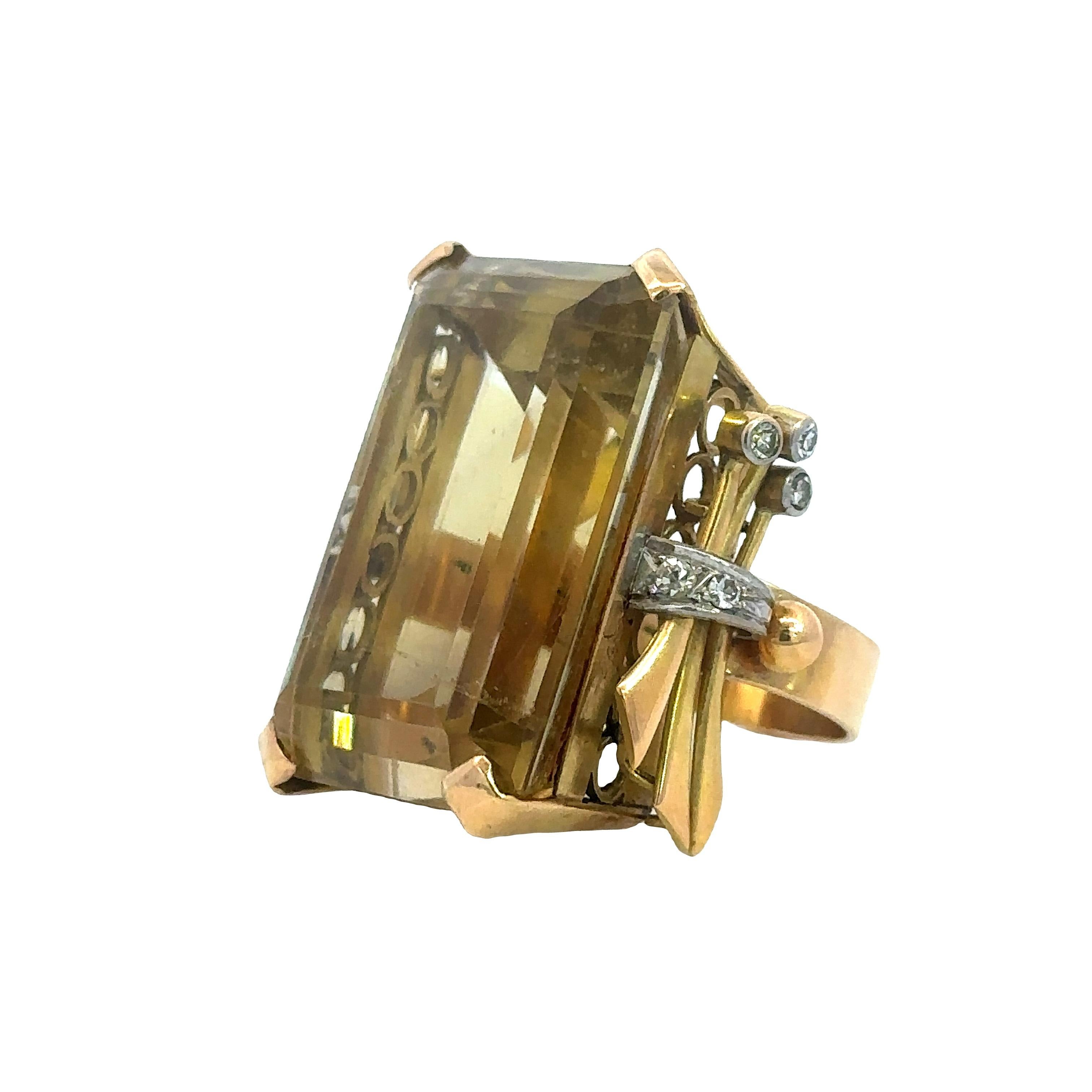Emerald Cut Art Deco 18k Gold Ring with 76.40 CTW in Citrine & Diamonds For Sale