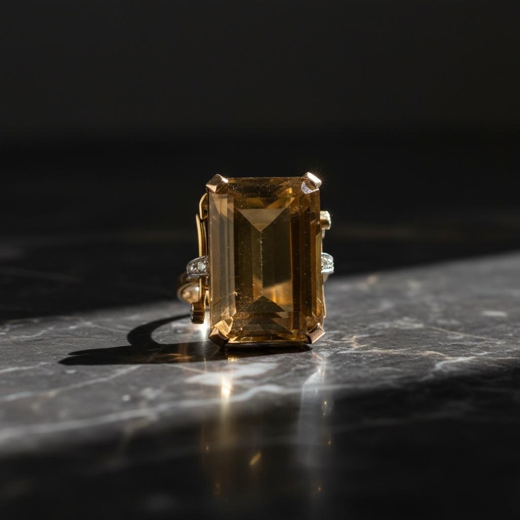 Art-Déco-Ring aus 18 Karat Gold mit 76,40 Karat Citrin und Diamanten im Angebot 2