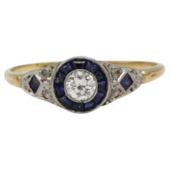 Art Deco 18K Gold Ring with Old-Cut Diamond and Calibrated Sapphires