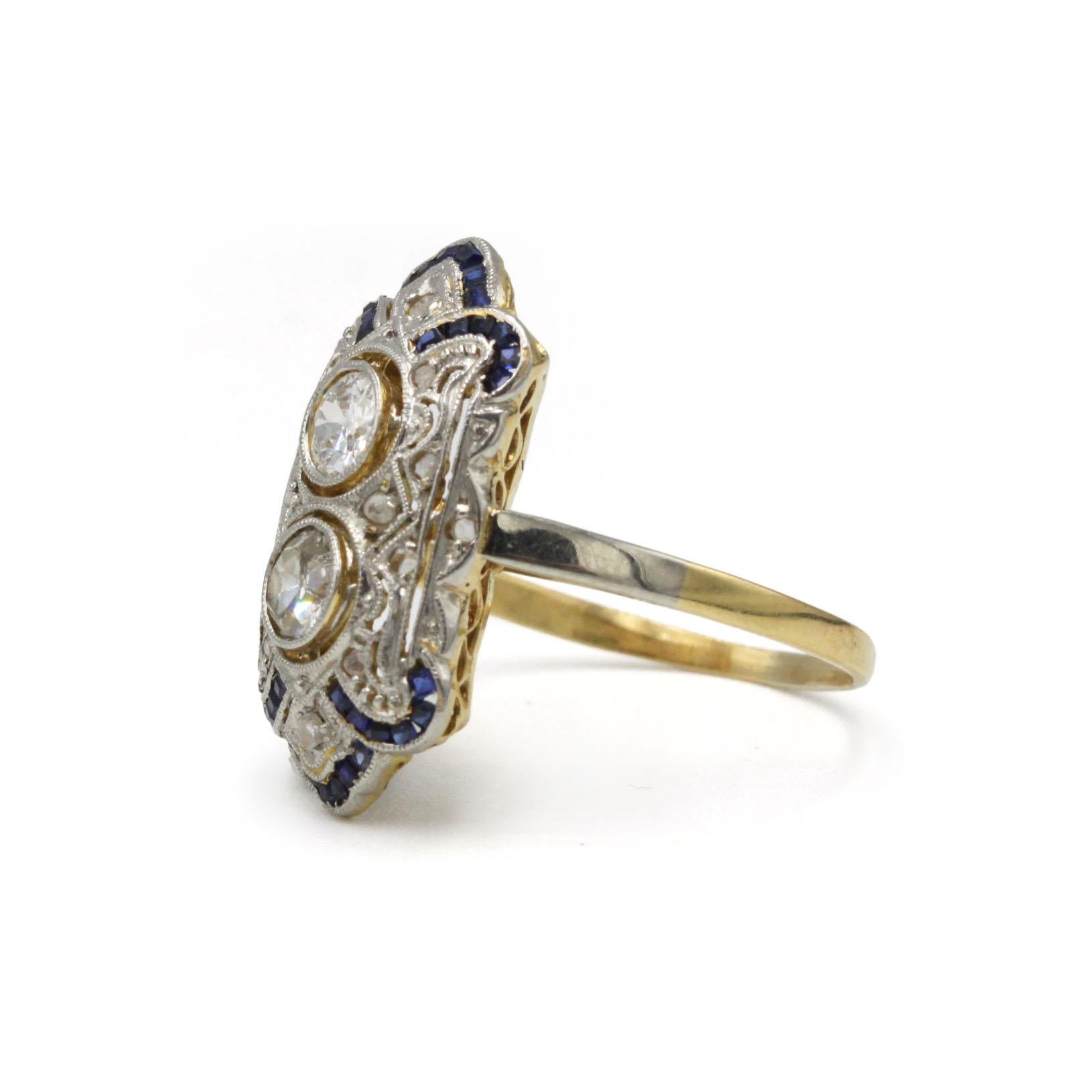 Art déco Art Deco 18K Gold Ring with Old European Cut Diamonds and Calibrated Sapphires en vente