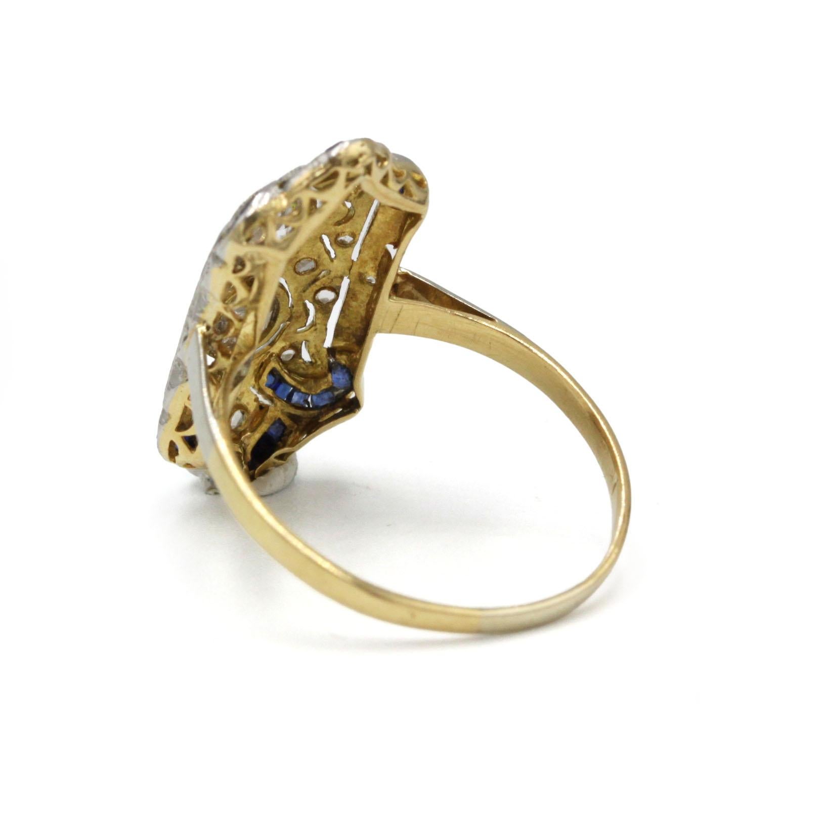 Art Deco 18K Gold Ring with Old European Cut Diamonds and Calibrated Sapphires Bon état - En vente à MONTMORENCY, FR